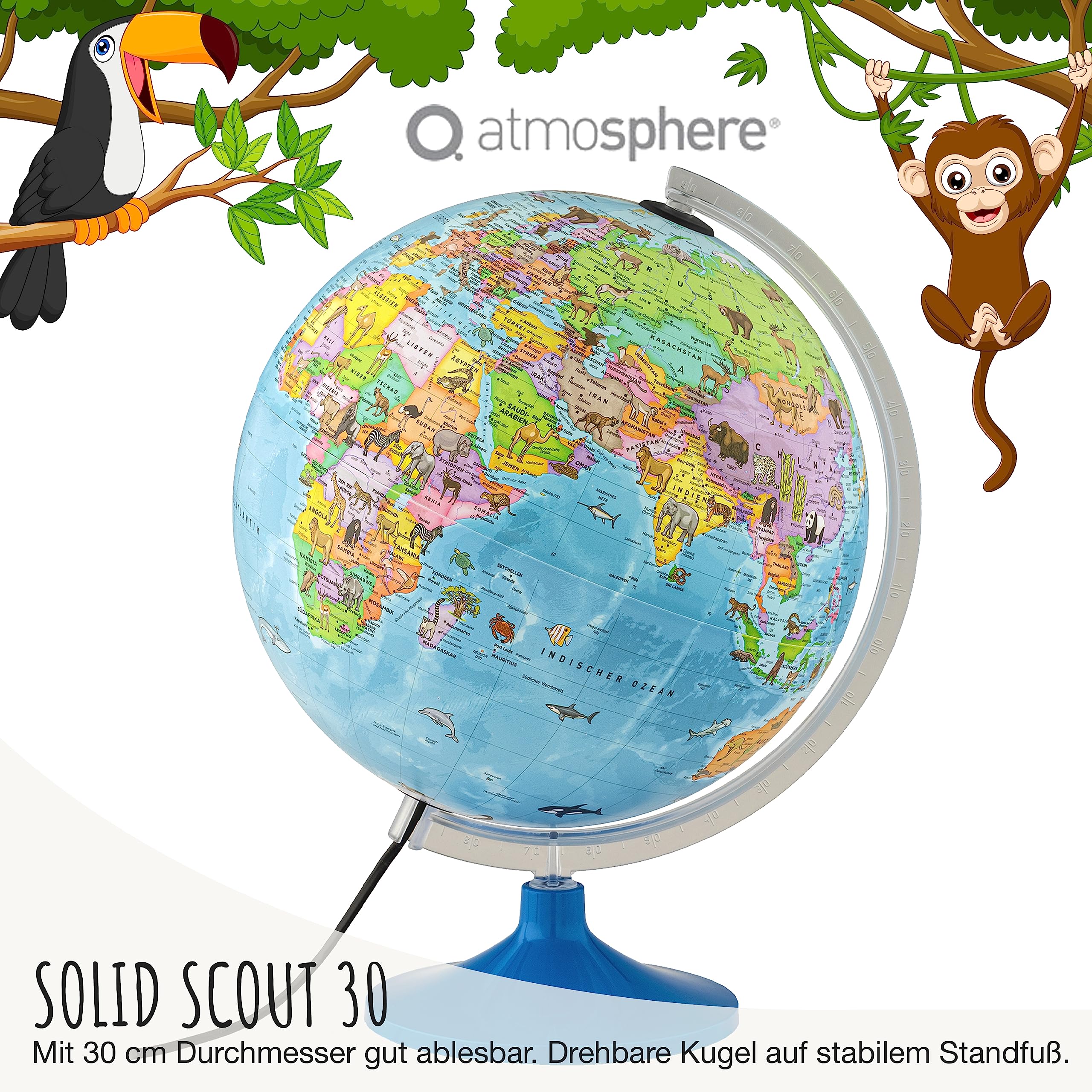 Solid Scout 30 - Kinder-Globus - beleuchteter 30cm Globus mit stabilem, drehbarem Standfuß, deutsches Kartenbild mit vielen Abbildungen für Kinder und Jugendliche, LED