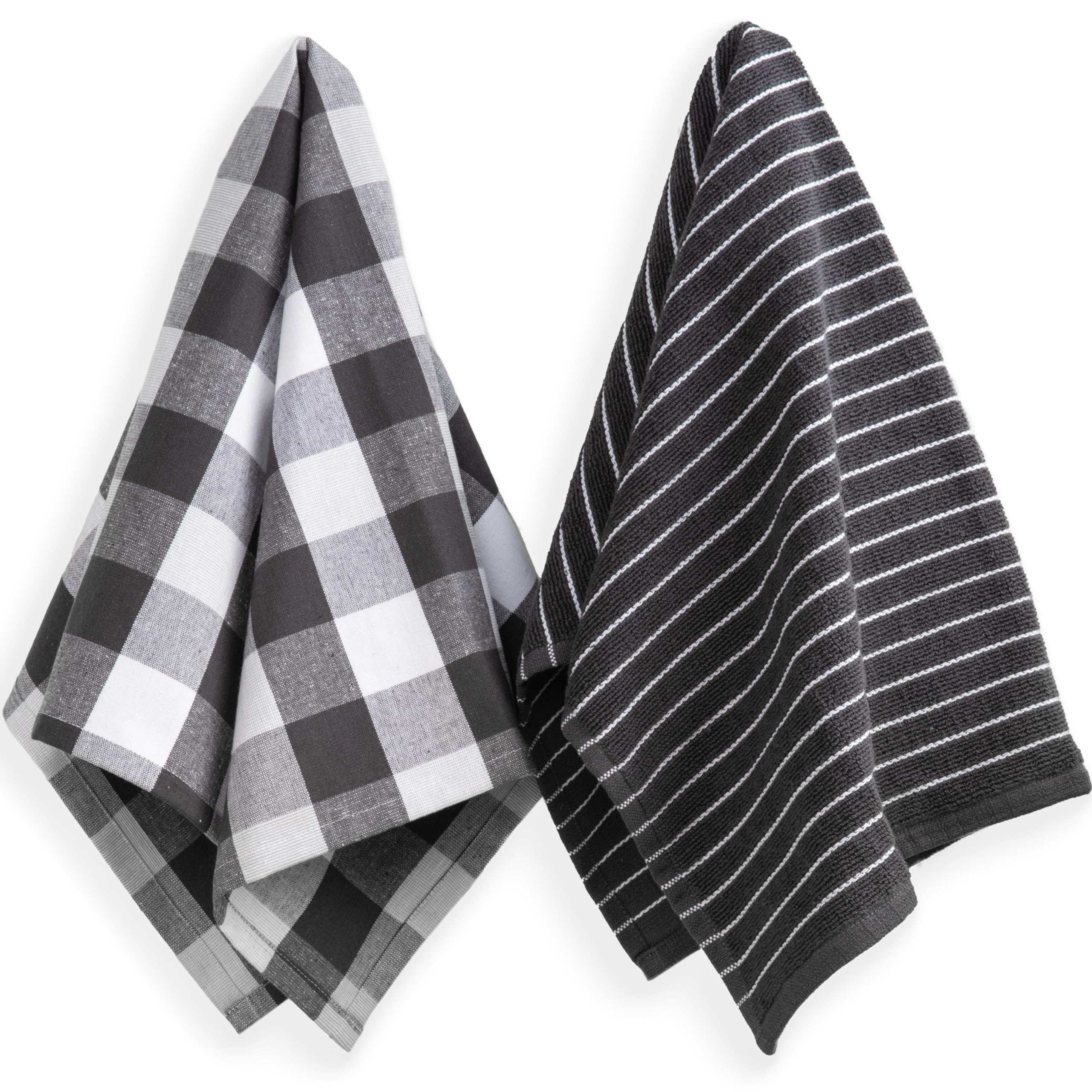 Sticky Toffee Gray Kitchen Towels 2 Pack, 100% Cotton Gray Dish Towels, Hand Towels, Tea Towels, Terry and Plaid Flat Weave Dish Towels for Drying Dishes, 28 in x 16 in
