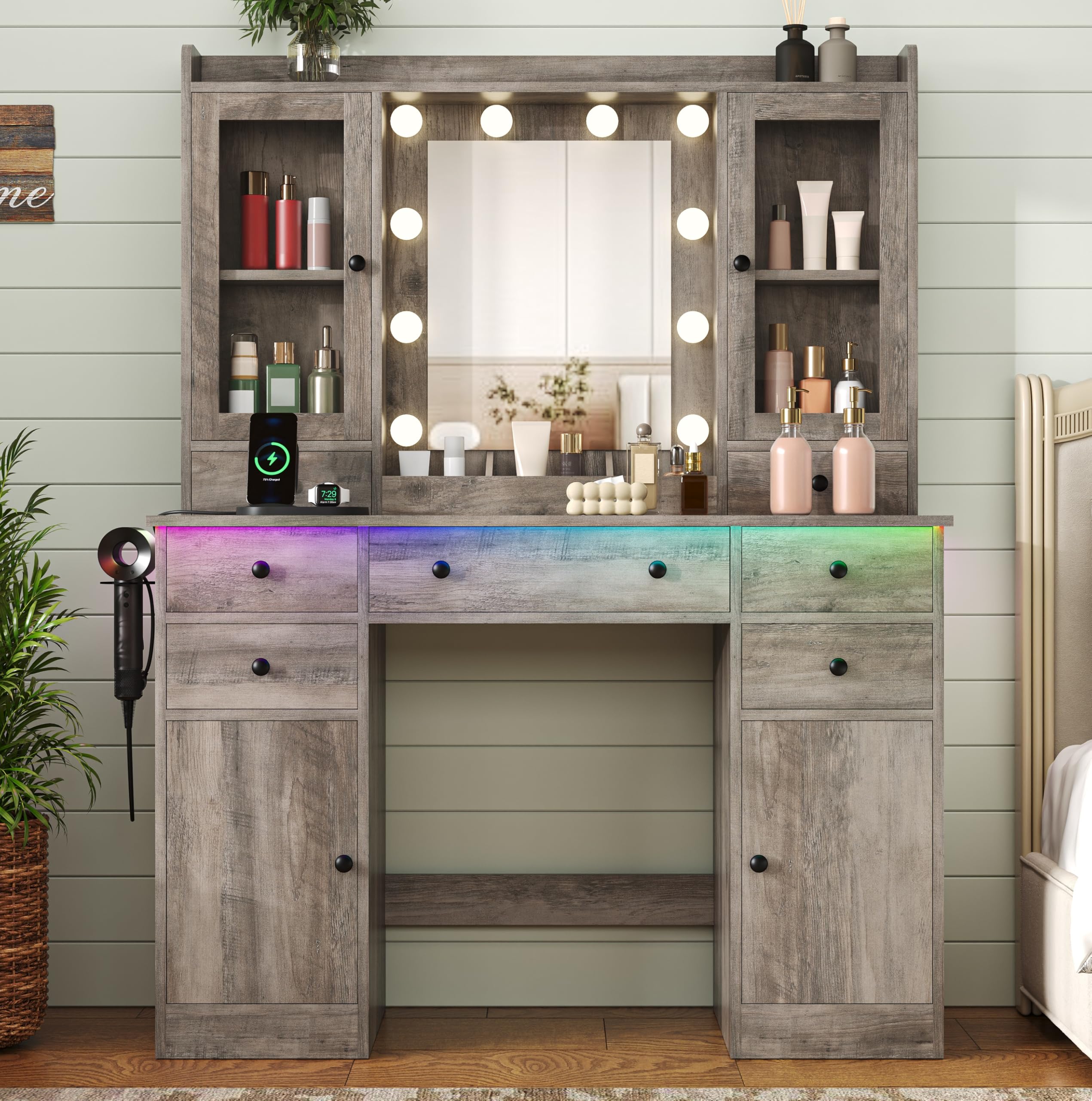 HUANLEGO Grey Vanity Desk with Mirror and Lights for Girls Women