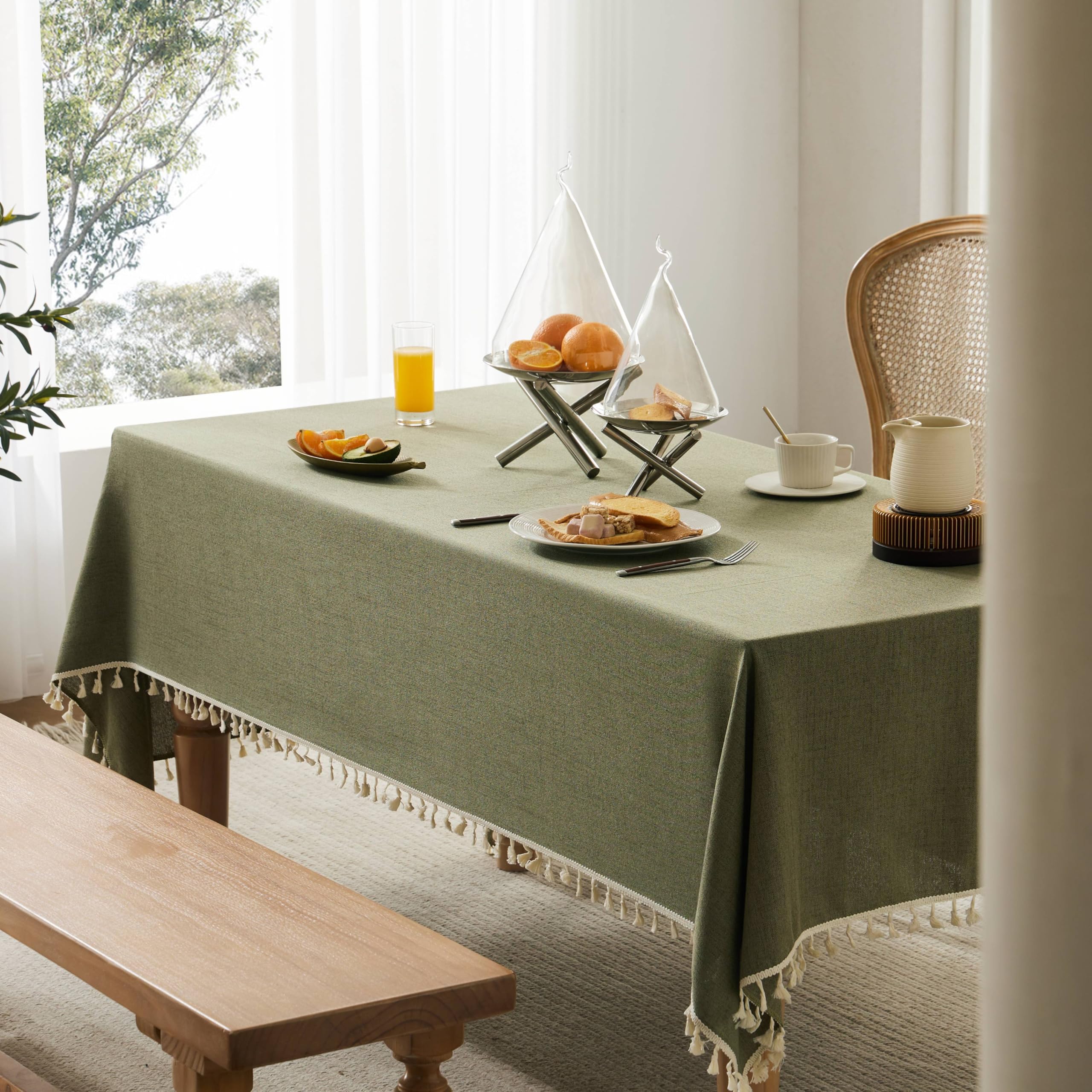 オリーブ様 YZJZEDS Tassel Linen Rectangular Table Cloth, Olive 60x84 Inch