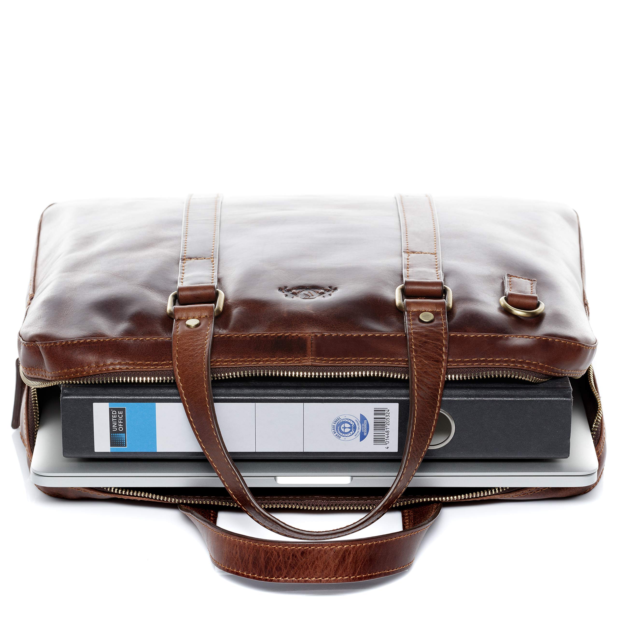 SID & VAIN Sac Ordinateur Portable Cuir véritable 15.4 Pouces Maguire Mallette Professionnelle bandoulière pour Hommes et Femmes Serviette de Travail élégant Marron