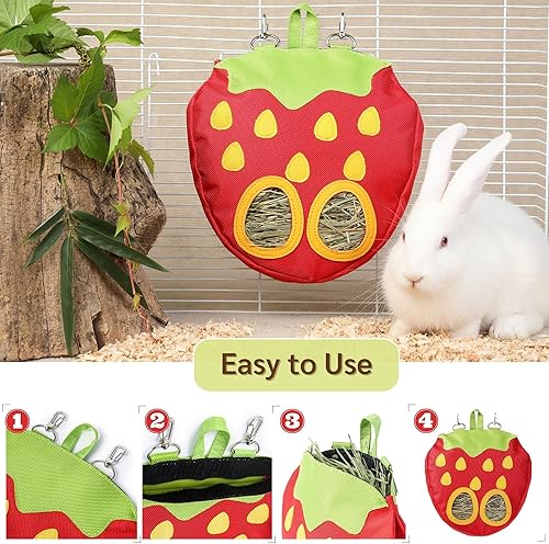 Miniatura 5 de JanYoo Bolsa alimentadora de heno de conejo para jaula de conejillos de indias, dispensador de heno Timothy, organizador de almacenamiento, grande