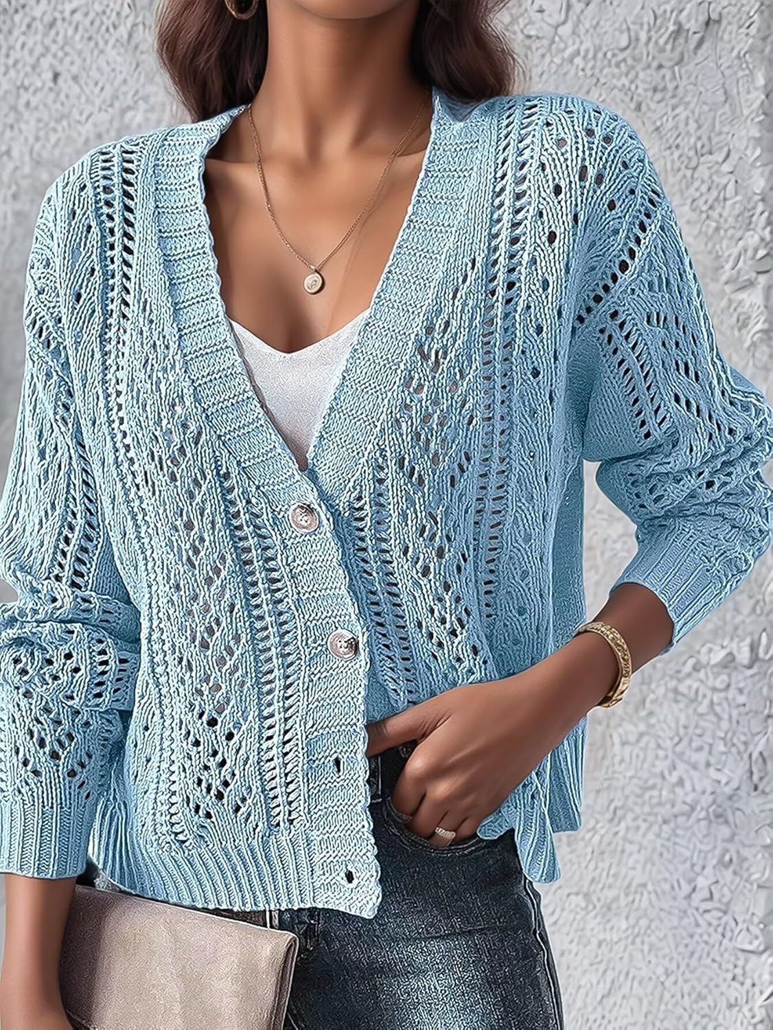 Flamingals Women's Crochet Cardigan Hollow Out Lightweight Long Sleeve Knit Cardigan Sweater Elegant Mesh Button Cover Up - Image 6
