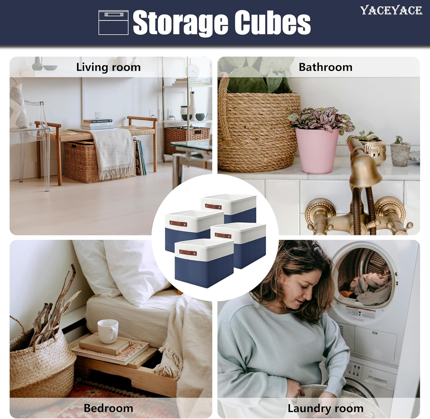 Basket for Blankets, 4 Pack 15"x11"x9.5" Linen Fabric Storage Bins for Shelves, Foldable Baskets for Cloth, Toy, Home Organizing, Decorative