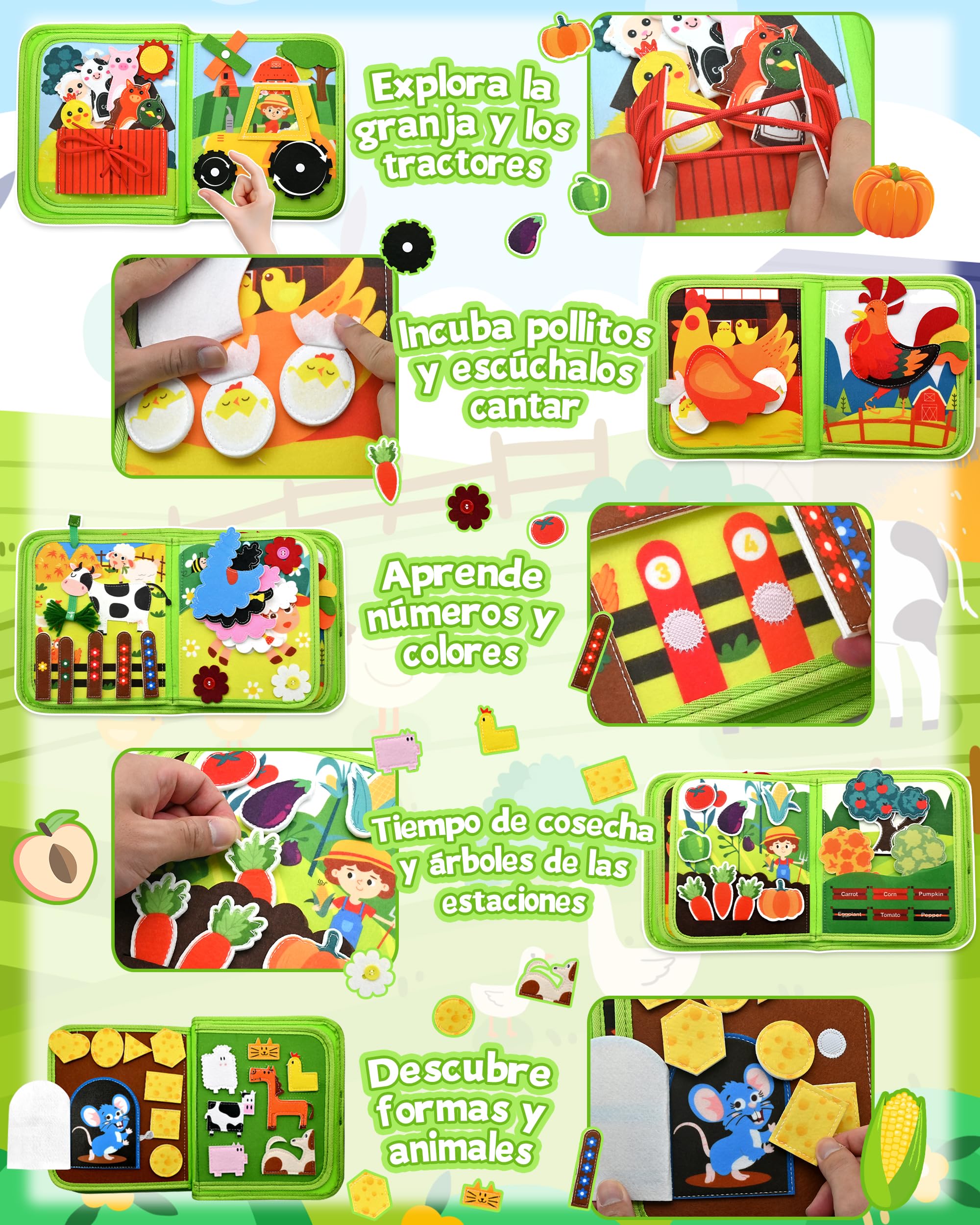 Meafeng Montessori 1 año, 20 en 1 Busy Board de Actividad, Libro Interactivo Juguetes Montessori para niños 1 2 3 4 5 6 años, 10 páginas Animales Granja — view 3
