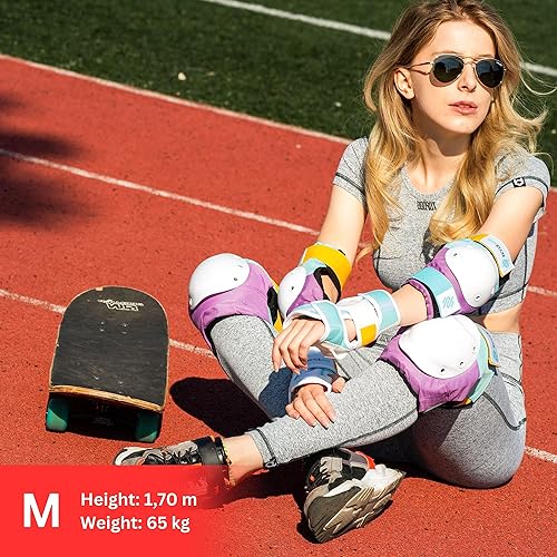 Miniatura 5 de SKATEWIZ Almohadillas de patineta para adultos 6 piezas Coderas de escudo rodilleras y muñequeras equipo de protección en color negro para mujeres y