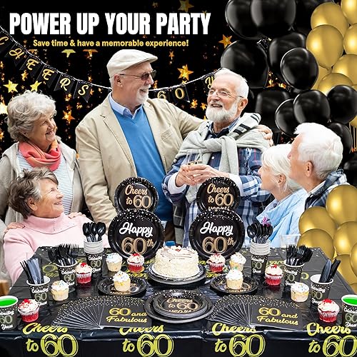 Miniatura 3 de Juego de 202 piezas de decoración de cumpleaños 60 con pancarta preencordada, platos, vasos, servilletas, mantel, juego completo de cubiertos y