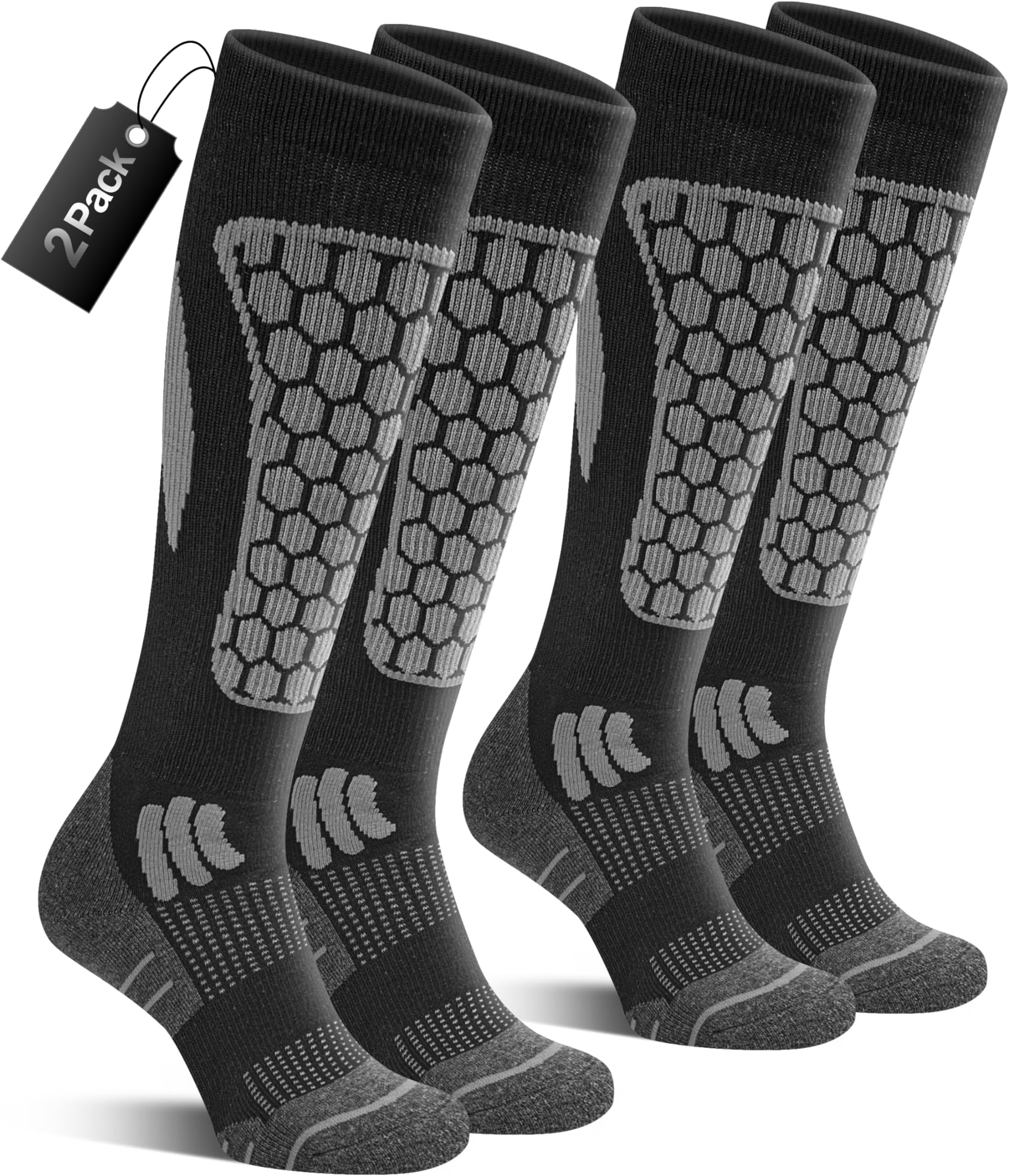 2 Pairs Ski Socks for Mens Women, Merino Wool Thermal Winter High Performance Breathable Socks for Outdoor Sports Skiing Snowboarding