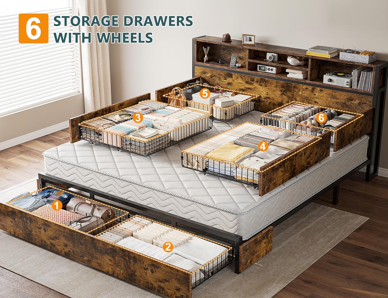 EnHomee King Size Bed Frame with 6 Storage Drawers King Bed Frame and Headboard, Storage Bed with Charging Station, No Noise,No Box Springs Needed,Vintage Brown