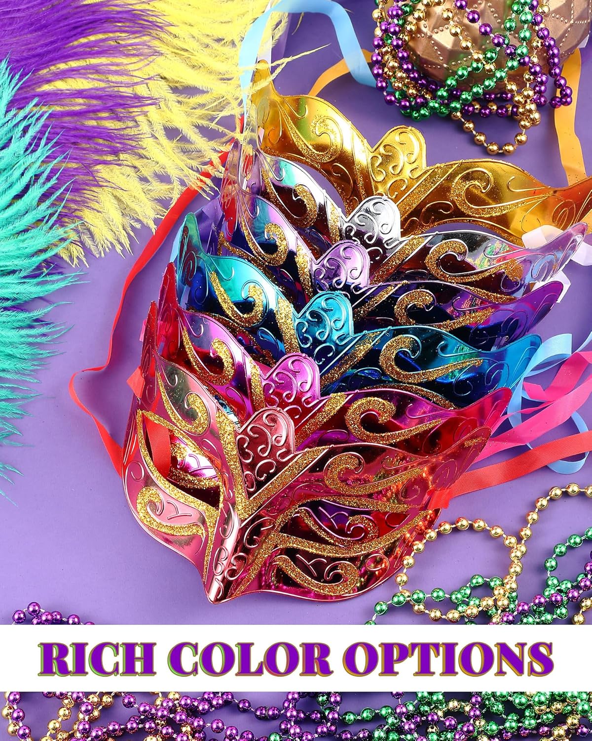 Sratte 120 Pcs Mardi Gras Masks Bulk Metallic Masquerade Masks 6 Colors Mardi Gras Costume Party Accessory - Image 3