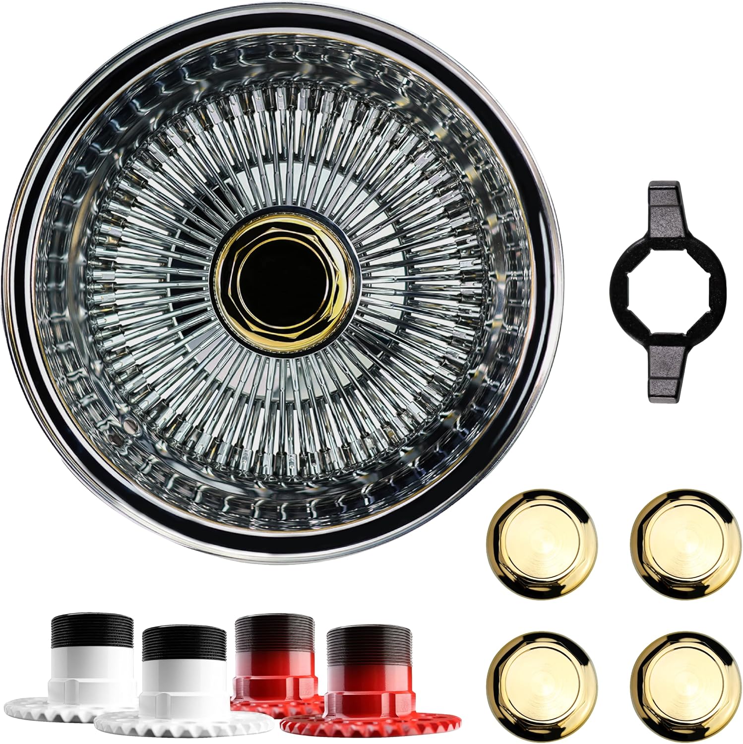 13x7 Reverse 100 Spoke Straight Lace Wire Wheels with 8-Sided Hex Cut Gold Knock Off Spinner Caps + Adapters 6x5.5, 6x135 | Deep Dish Rims for Lowriders | Set of 4 + Hex Wrench