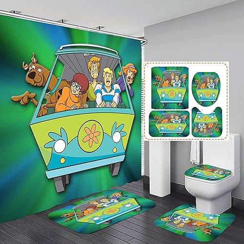 AOLDHYY Scooby Scoob - Juego de 4 cortinas de ducha, cubierta para tapa de inodoro y tapete de baño, alfombras antideslizantes, duraderas e
