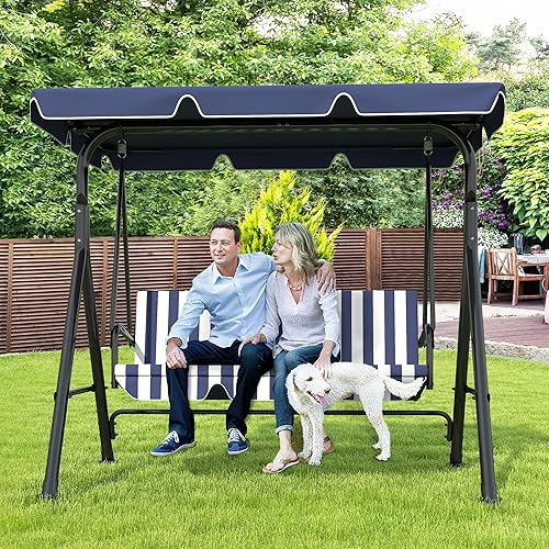 GARTOO 3-Seat Patio Swing Chair, Outdoor Porch Swing with Adjustable Canopy and Durable Steel Frame for Patio, Garden, Poolside(Nevy Blue)