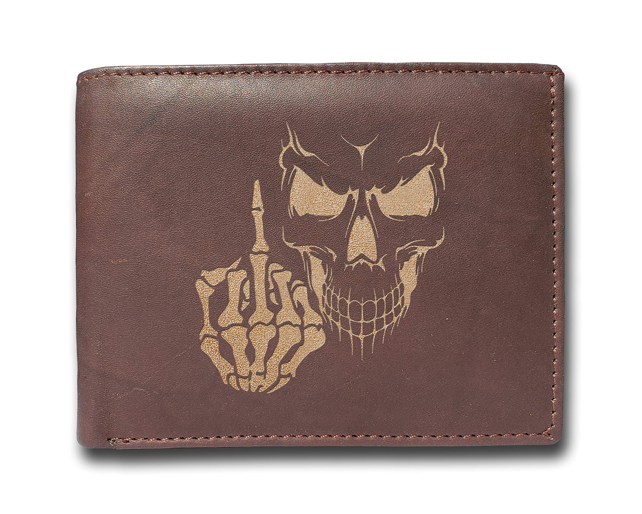 eDesign USAMiddle Finger Skull Cowhide Leather Laser Engraved Engraving Slimfold Mens Large Capacity Luxury Wallet Purse Minimalist Sleek and Slim Brown Credit Card Holder Organizer 14 Pockets