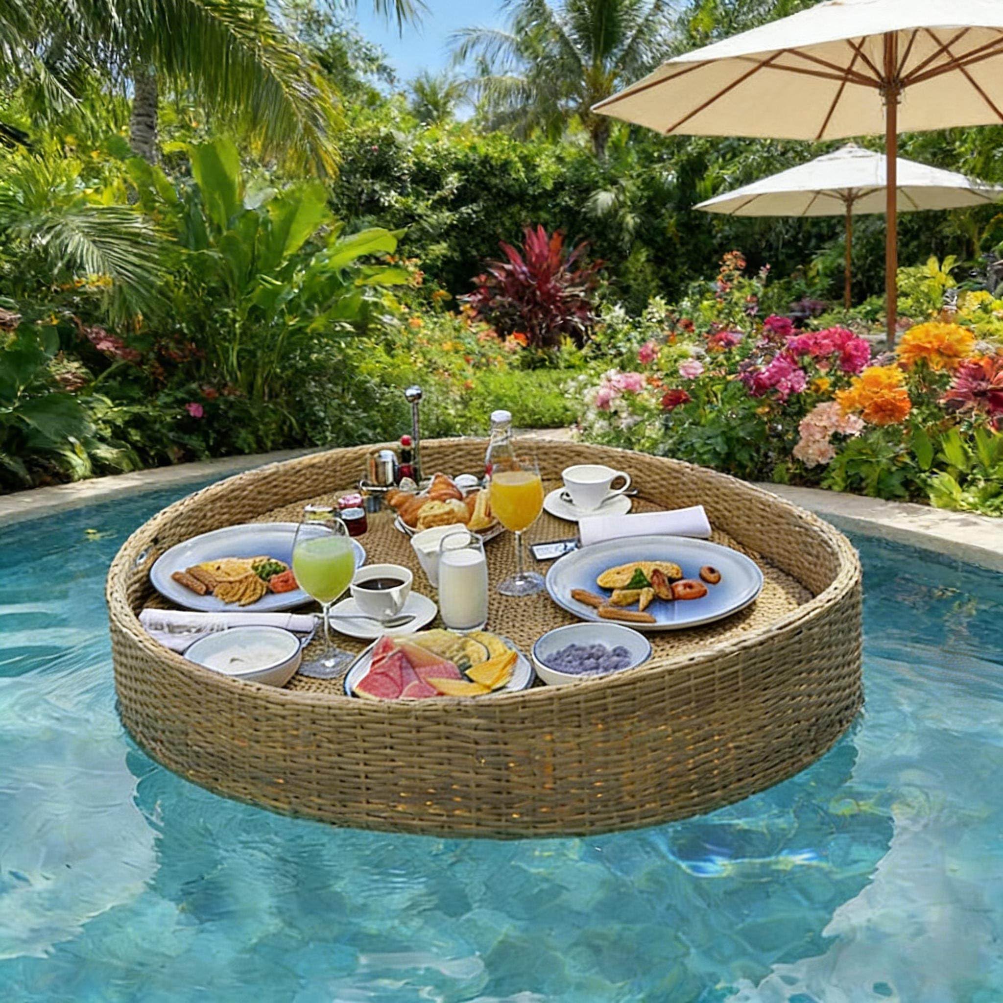 Huansebesity Apricot Premium Outdoor Floating Serving Tray For Pool & Hot Tub,Durable Rattan Wicker Uv Tray Table,Multipurpose Pool Float For Drinks Food Brunch -60 * 60 * 20Cm