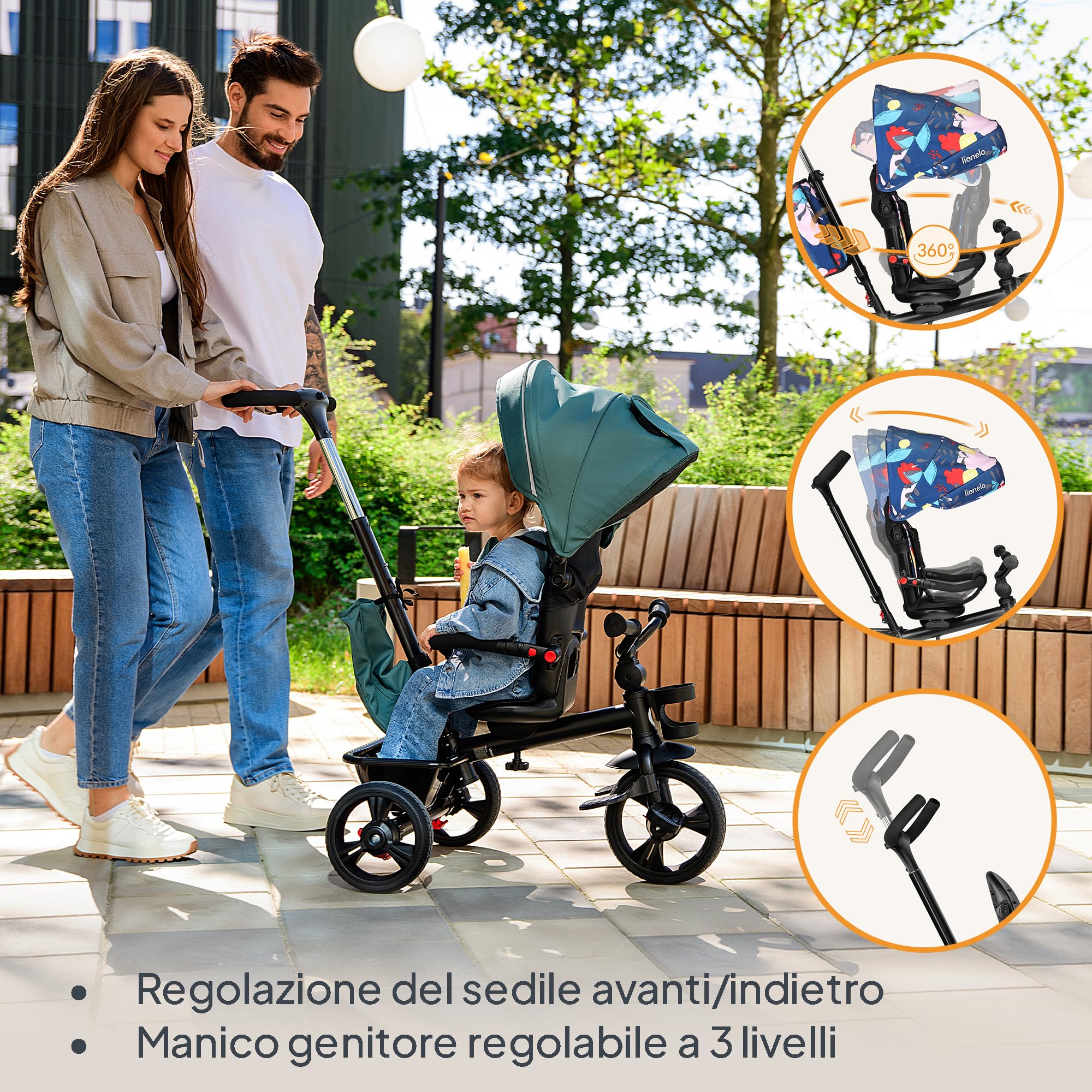 Lionelo Haari 2 in 1 Triciclo bici e passeggino fino a 25kg, Pieghevole, Fronte mamma e fronte strada, Regorabile compatto con Borsa e portabibite, Cinture a 3punti Triciclo per bambini da 1 a 5 anni