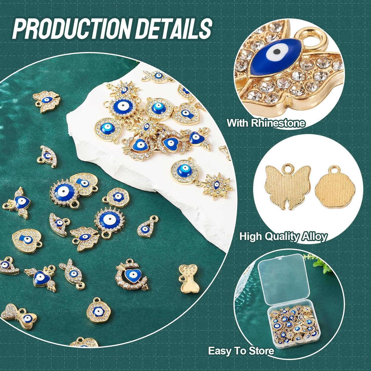 Cheriswelry 48Pcs Rhinestone Enamel Charms Evil Eye Gold Plated Alloy Pendants Flat Round Heart Butterfly Teardrop Metal Charm 10-20mm for Bracelet Necklace Earring Jewelry Making - Image 5