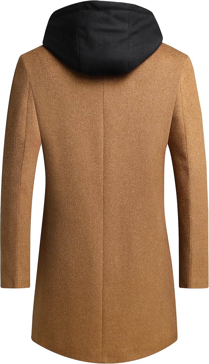 PRIJOUHE Men's Wool Coat Hoodie Long Trench Coat Cotton Casual Woollen Overcoat Jacket - Image 3