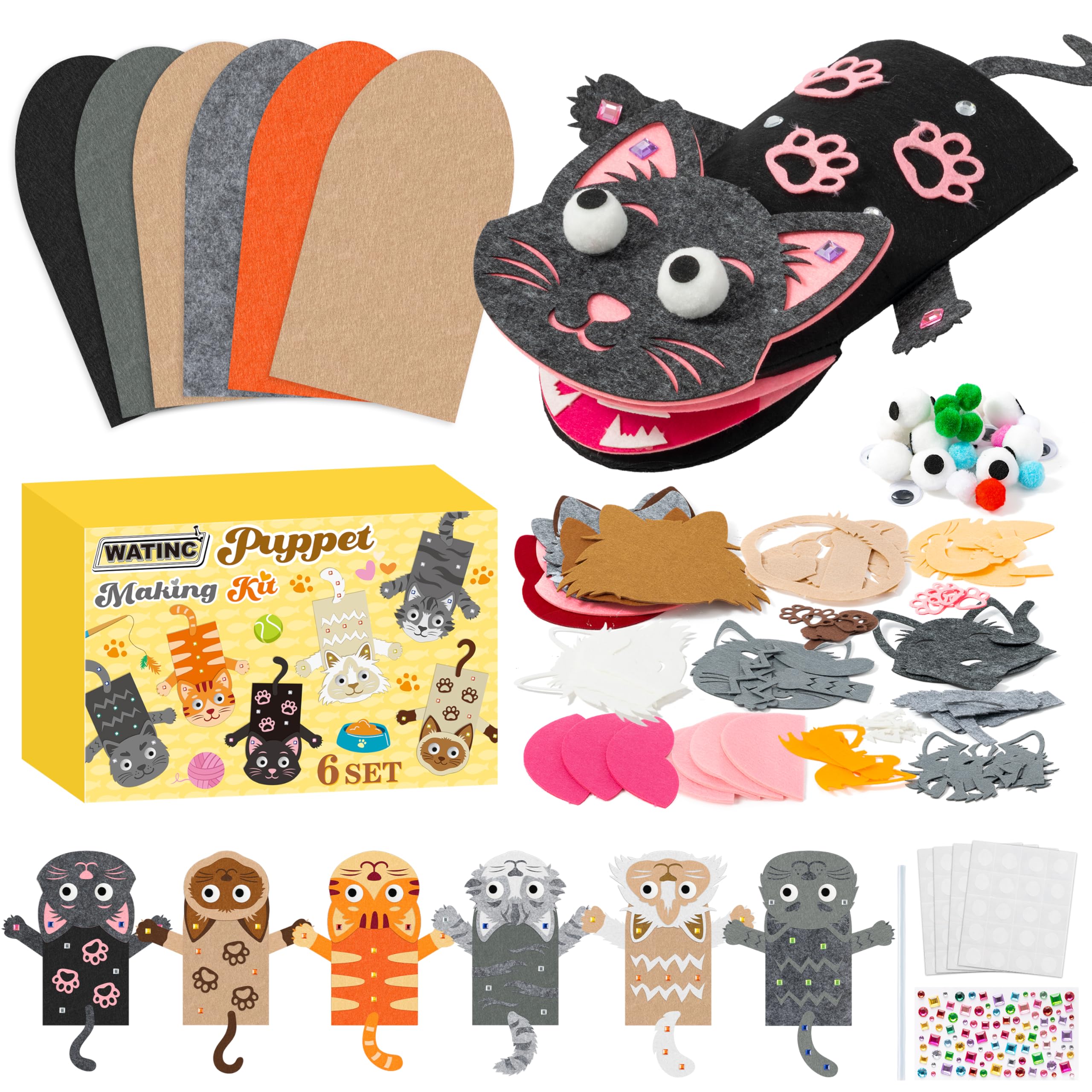 WATINC 6Pcs Hand Puppet Making Kit, Art Craft Felt Sock Puppet Toys, Creative DIY Make Your Own Pompoms Wiggle Googly Eyes Storytelling Role Play Party Supplies Gift for Girls Boys (Cat A6p) โ image 1