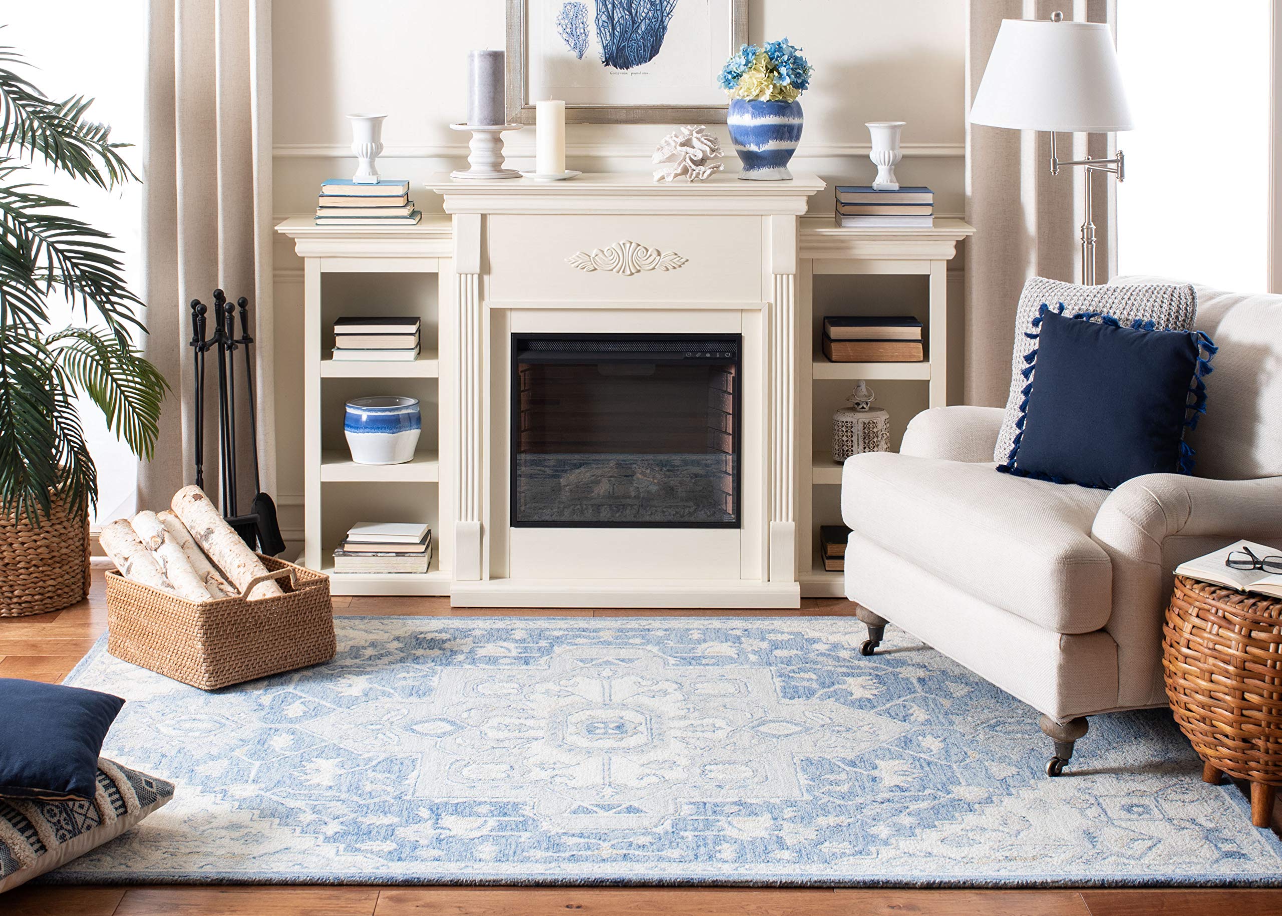 Safavieh Traditional Rug for Living Room Dining Room, Bedroom - Micro-Loop Collection, Short Pile, in Blue and Ivory, 90 x 90 cm - Image 3