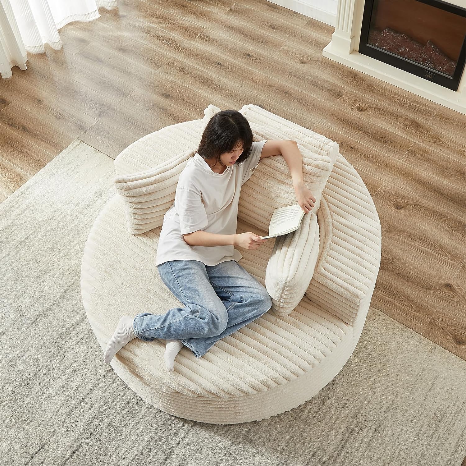 55" Oversized Round Chaise Longue Chair Indoor, Upholstered Corduroy Circle Single Cloud Reading Sofa Chair Deep Seat Modern Boneless Sleeper Couch No Assembly Required, Beige