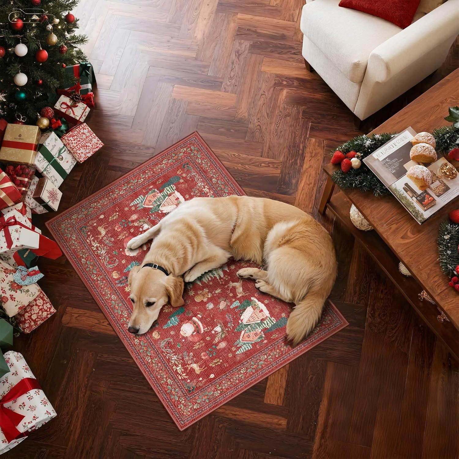 Kokia 2x3 Christmas Decorative Area Rugs, Red Vintage Xmas Entryway Area Rugs
