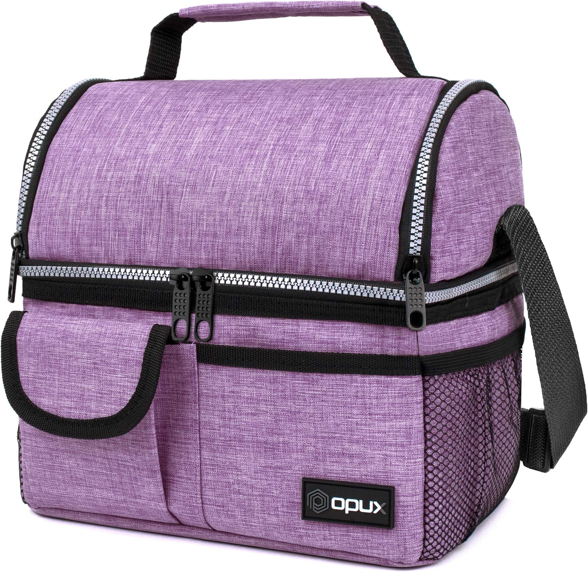 OPUX Deluxe Thermal Insulated Dual Compartment Lunch Bag for Women | Double Deck Reusable Lunch Box with Shoulder Strap, Soft Leakproof Liner | Large Lunch Tote Pail for Work, School (Purple)