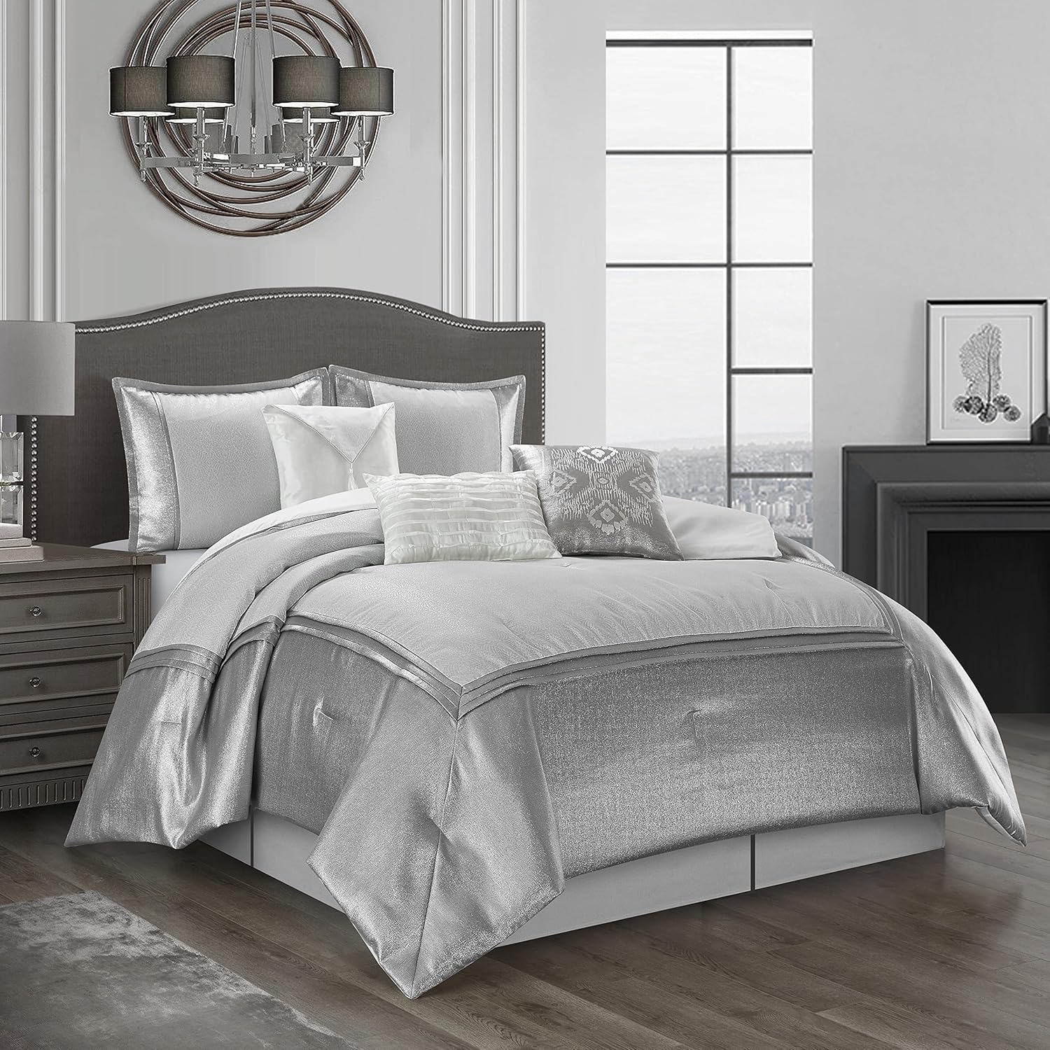 Stratford Park White/Grey Queen Comforter Sets, 7 Piece Silver Bedding Set, Pillow Sham, Bedskirt, Decorative Pillow, Home Queen White Grey