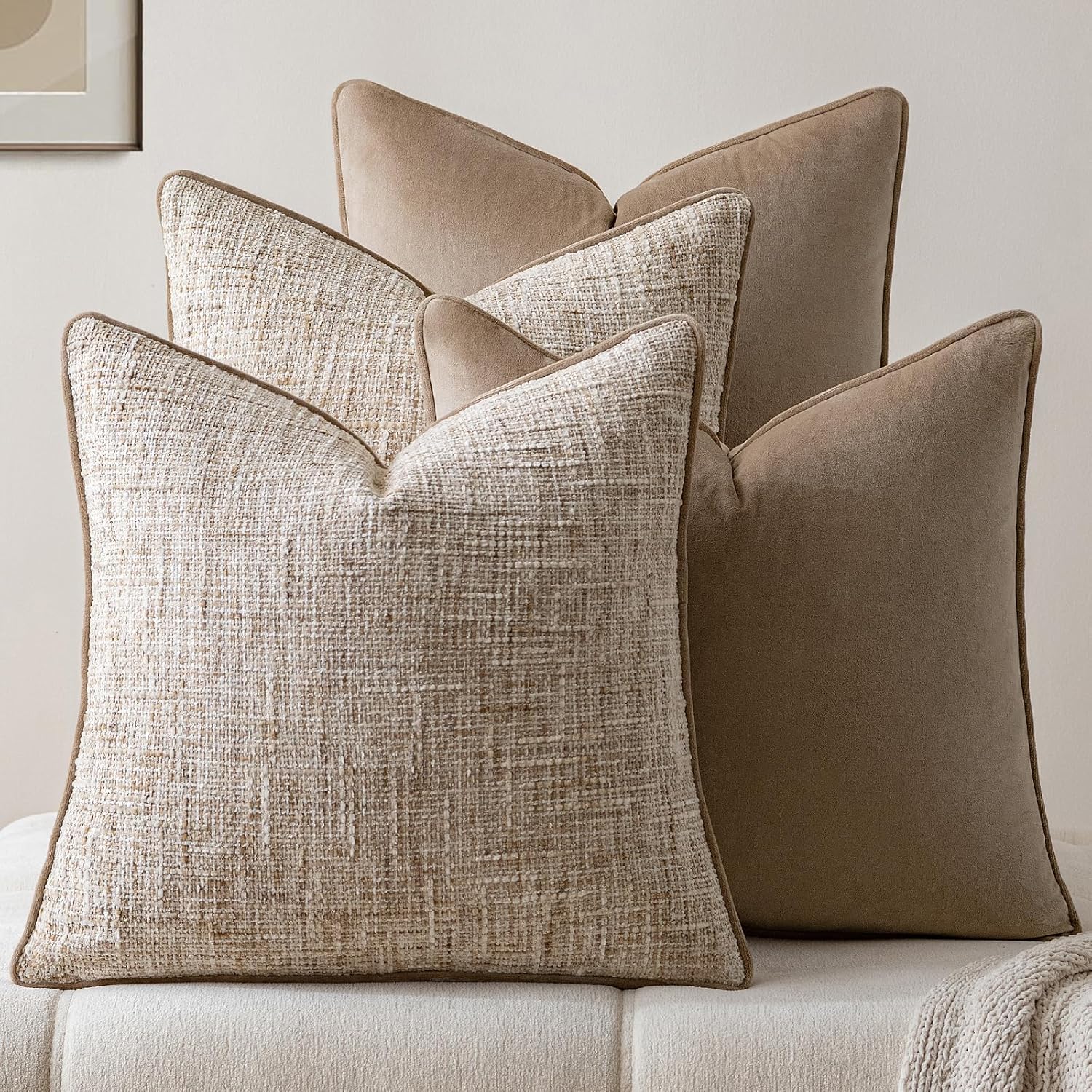 a moment Khaki 4 Pack Throw Pillow Covers - Chenille & Velvet Set with Piping, Farmhouse Textured Design Pillow Cases for Couch Sofa Bed Livingroom (22x22 Inch, No Insert)