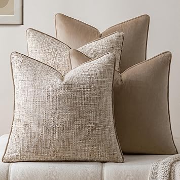 a moment Khaki 4 Pack Throw Pillow Covers - Chenille & Velvet Set with Piping, Farmhouse Textured Design Cushion Cases for Couch Sofa Bed (20x20 Inch, No Insert)