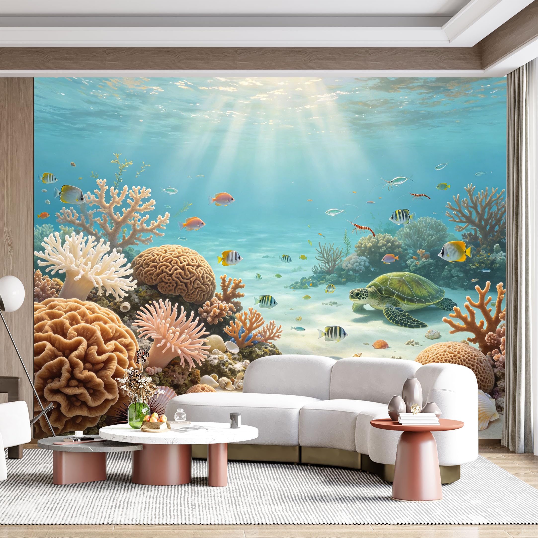 Custom Size Wall Mural Underwater Coral Reef Turtle Tropical Fish Marine Seascape Ocean Life Seafloor Watercolor SelfAdhesive Wall Fabric Removable for Home Office Decor