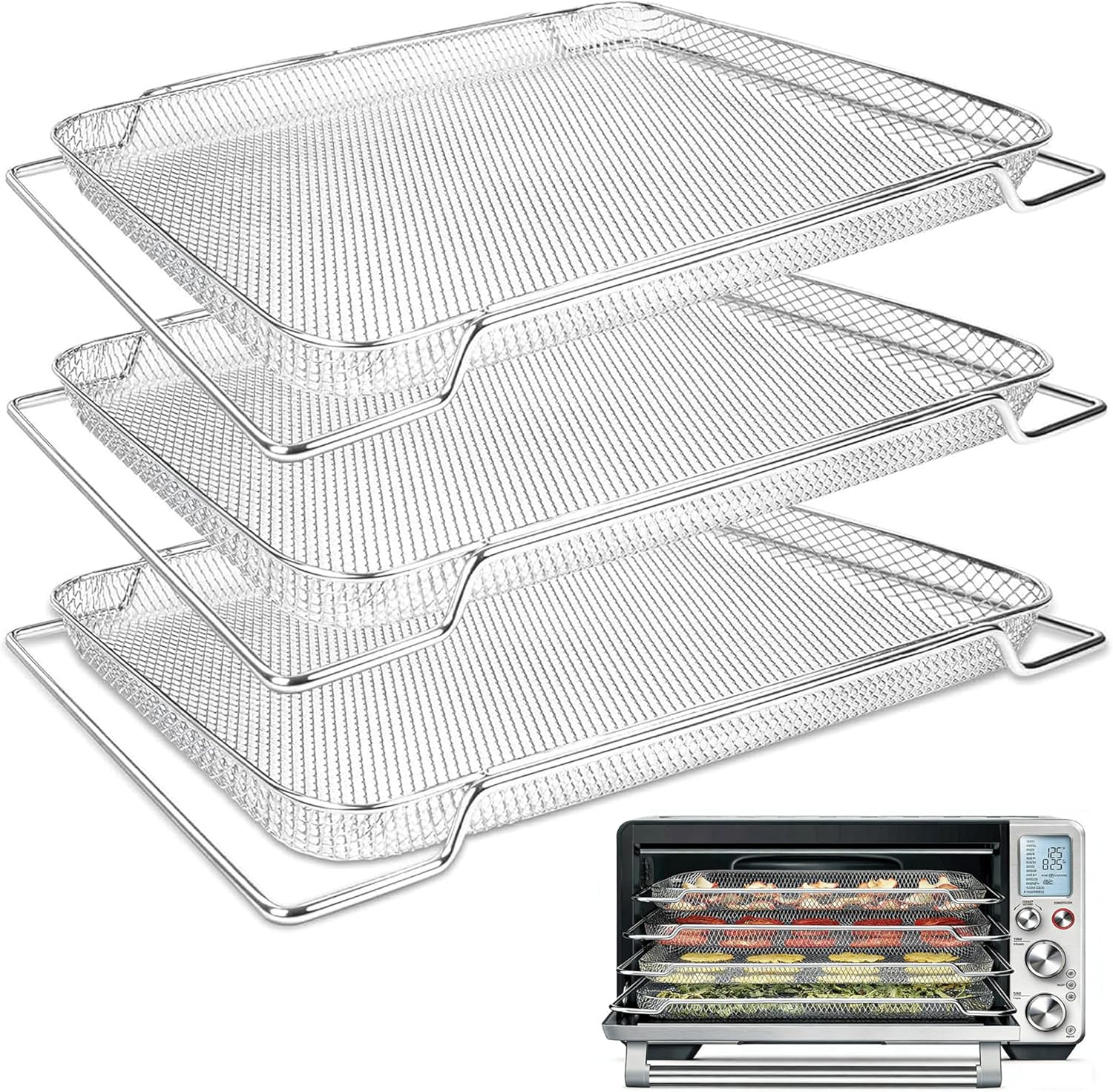 Air Fryer Basket for Breville Smart Oven Air Fryer Pro, 3PCS Steel Mesh Dehydrate Baking Microwave Oven Baskets Accessories Tray for Basket BOV900 and BOV950 Toaster (16.5″D x 11.8″W x 1.8″H)