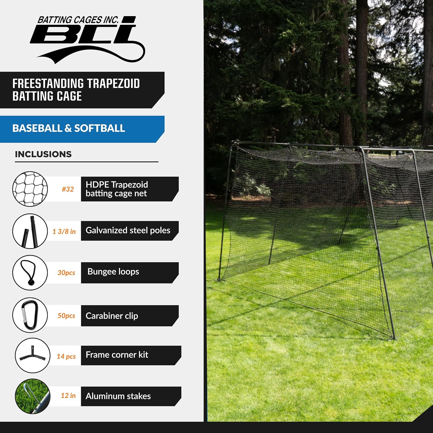 BATTING CAGES INC. BCI Freestanding Trapezoid Batting Cage with Net, Frame, Corner Kit, and Stake Down Kit, Baseball and Softball Training Equipment