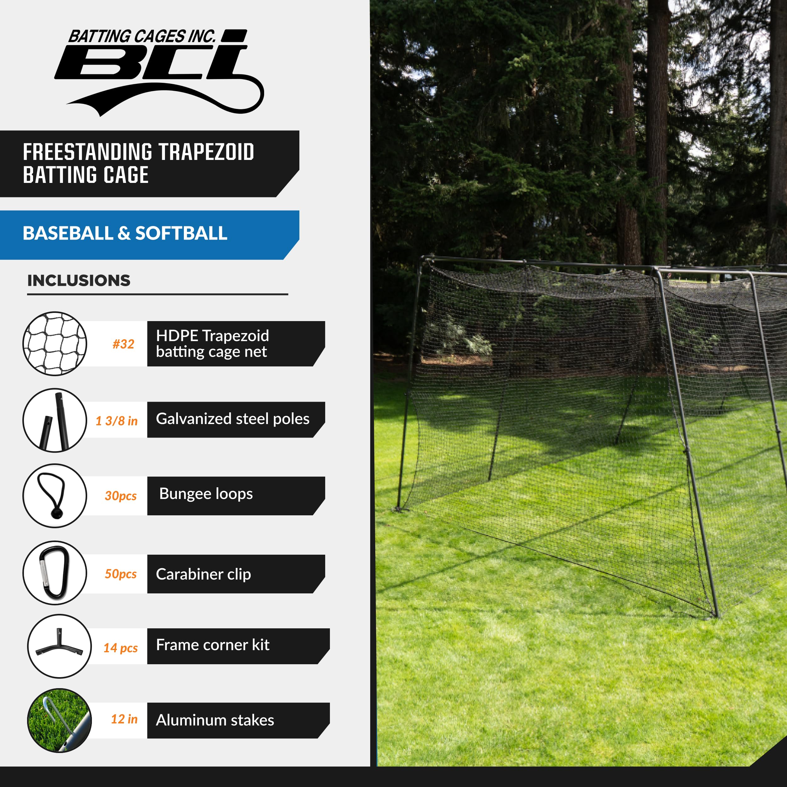 BATTING CAGES INC. BCI Freestanding Trapezoid Batting Cage with Net, Frame, Corner Kit, and Stake Down Kit, Baseball and Softball Training Equipment (70 Feet)