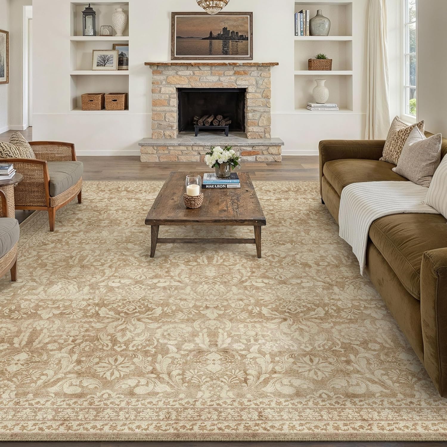 8x10 Area Rug Washable Vintage Living Room Bedroom Carpet Indoor Light Brown Large Non Slip Soft Low Pile Thin Rug Retro Accent Throw Office Dining Room