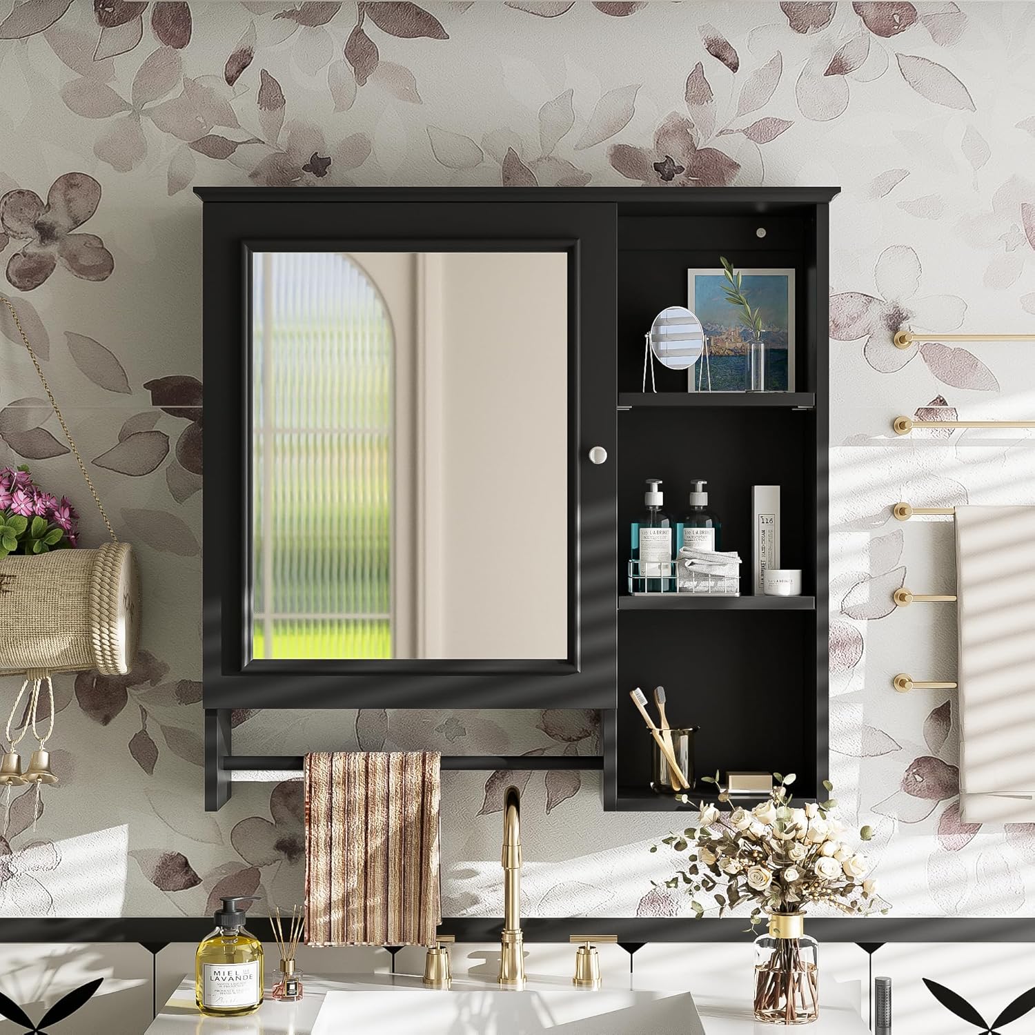 29" Wall Mounted Bathroom Cabinets, Modern Organizer with Large Mirror, Versatile Storage Cabinet with Adjustable Shelves for Bathroom, Black
