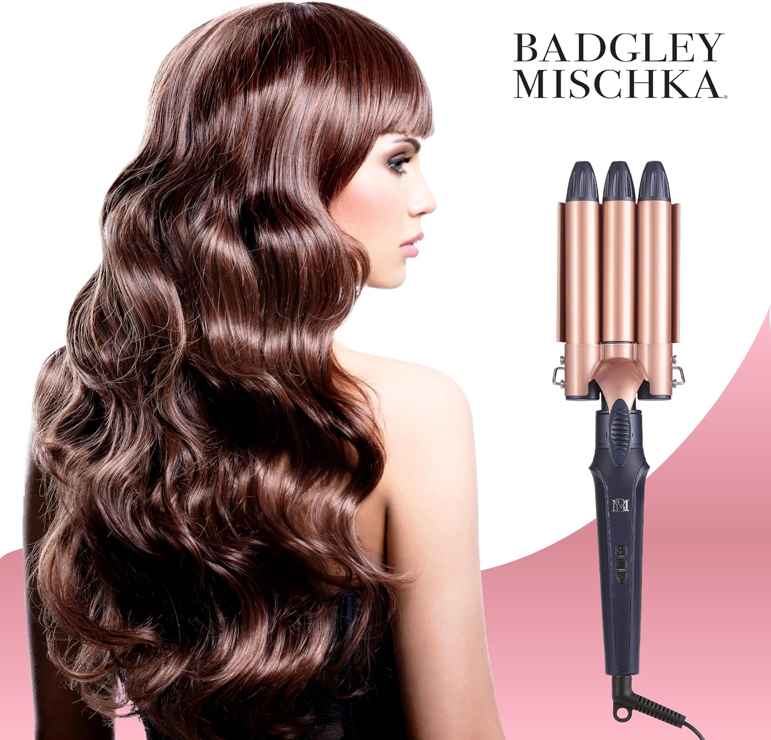 Badgley Mischka Styling Iron, 3 Attachments Including Triple Barrel Hair Curler, Curling Iron, and Curling Wand, Adjustable Heat Up to 410°F, 360° Swivel Cord, Salon-Quality Results at Home