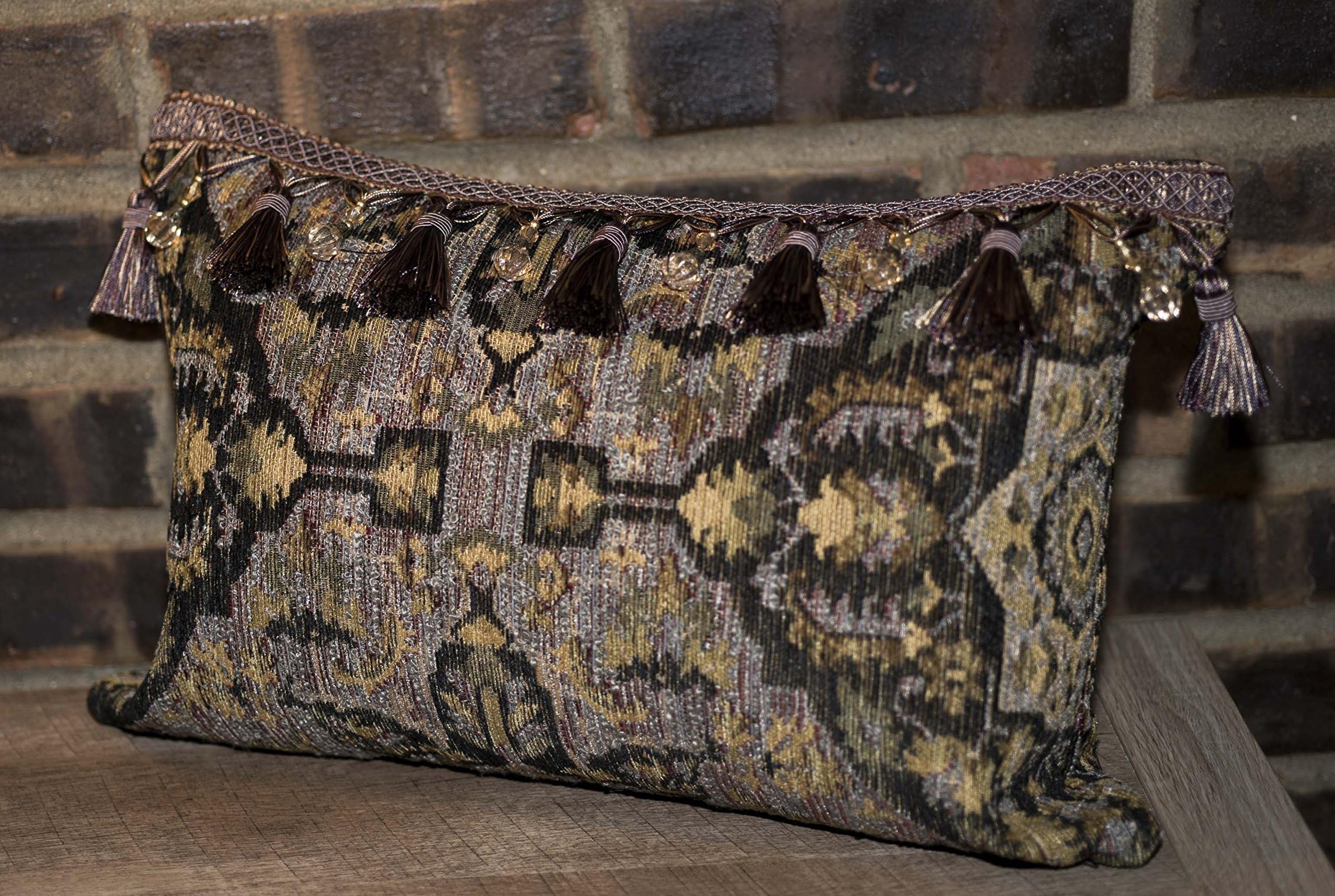 Set of 2 Purple Black Ethnic Decorative Rectangular Throw Pillow Cushion Cover Case with Beaded Tassel Fringe, 12"x18" Inch