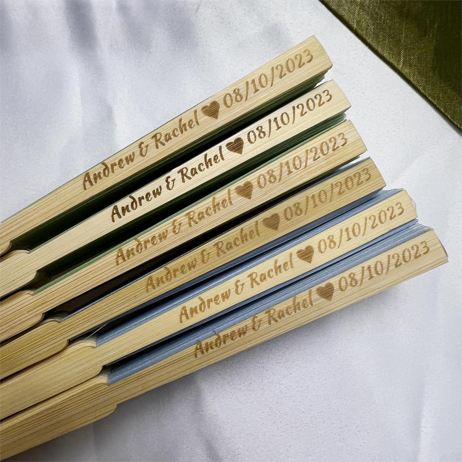 Personalized Sky Blue Folding Hand Wedding Fans - Engraved Silk Fans, Custom Bamboo and Silk Fans - Perfect Party Favor and Bridal Shower Gift (60Pcs)