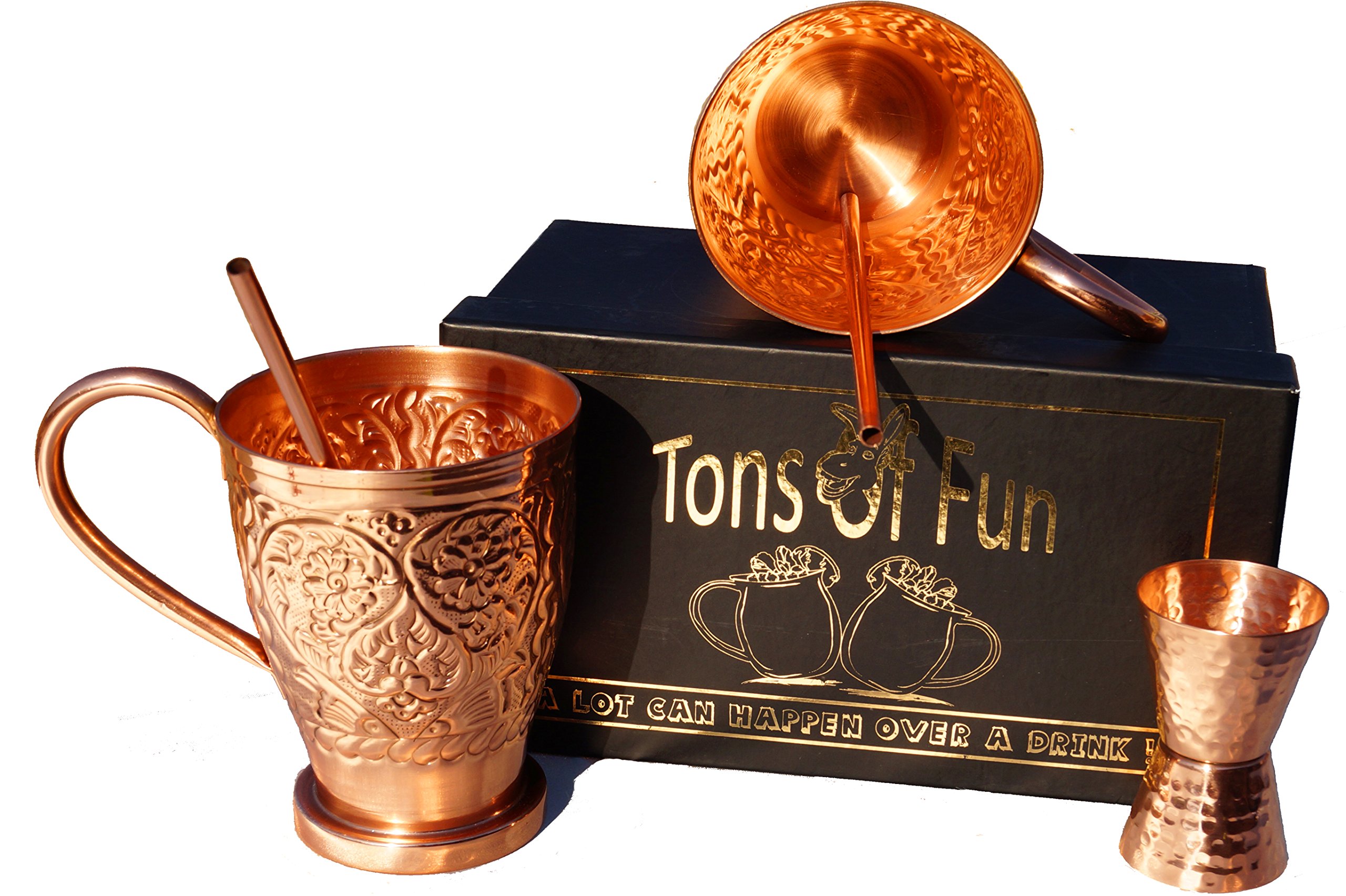 Moscow Mule Pure Copper Mug Set - 16oz capacity. Bonus Copper Jigger, Set of 2 Copper Straws/Stirrer Sticks with Free E-book. Tons Of Fun Gift Set of 2 Mugs