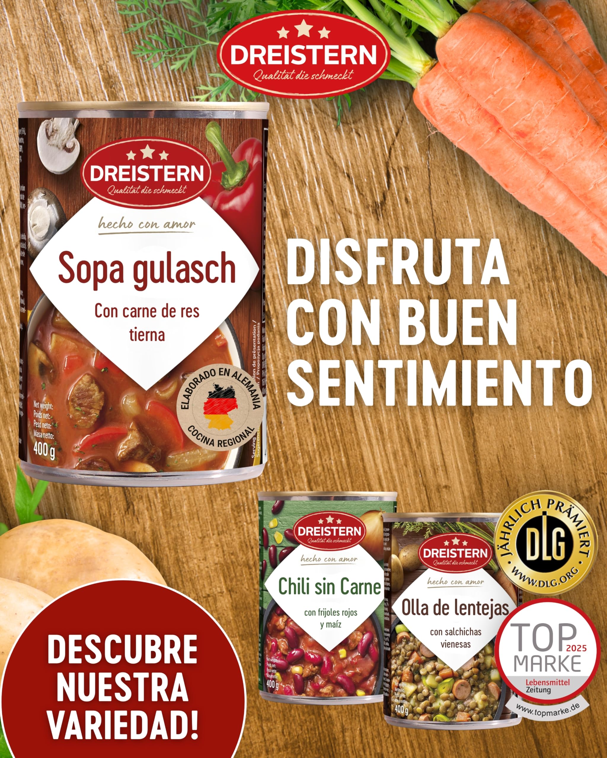 DREISTERN Sopa de Gulash Picante 400 g I Con carne de res tierna & verduras I Guiso picante en lata reciclable I Larga duración gracias a la conservación natural I Calidad casera