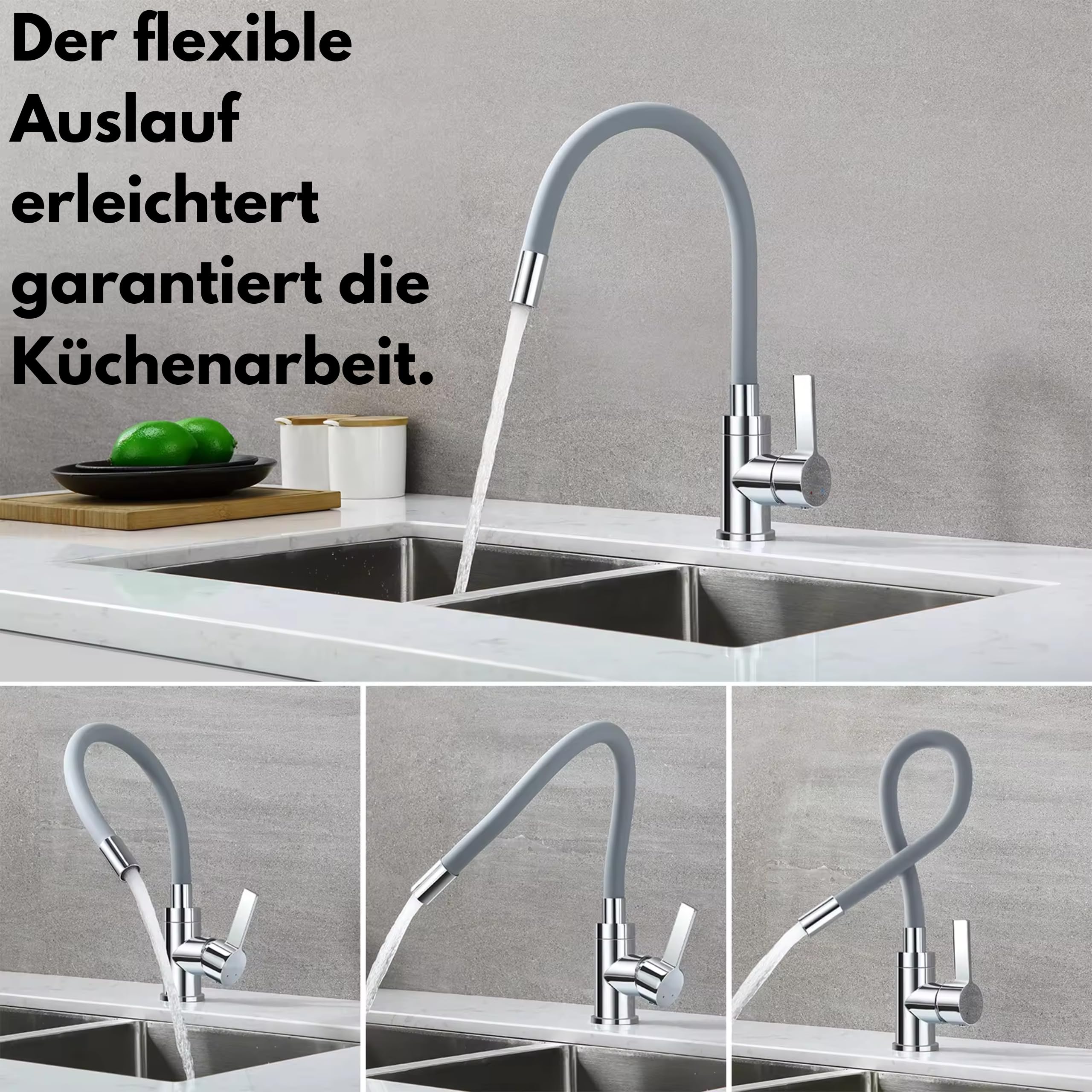 Elza - Grifo de cocina flexible con caño flexible, color gris