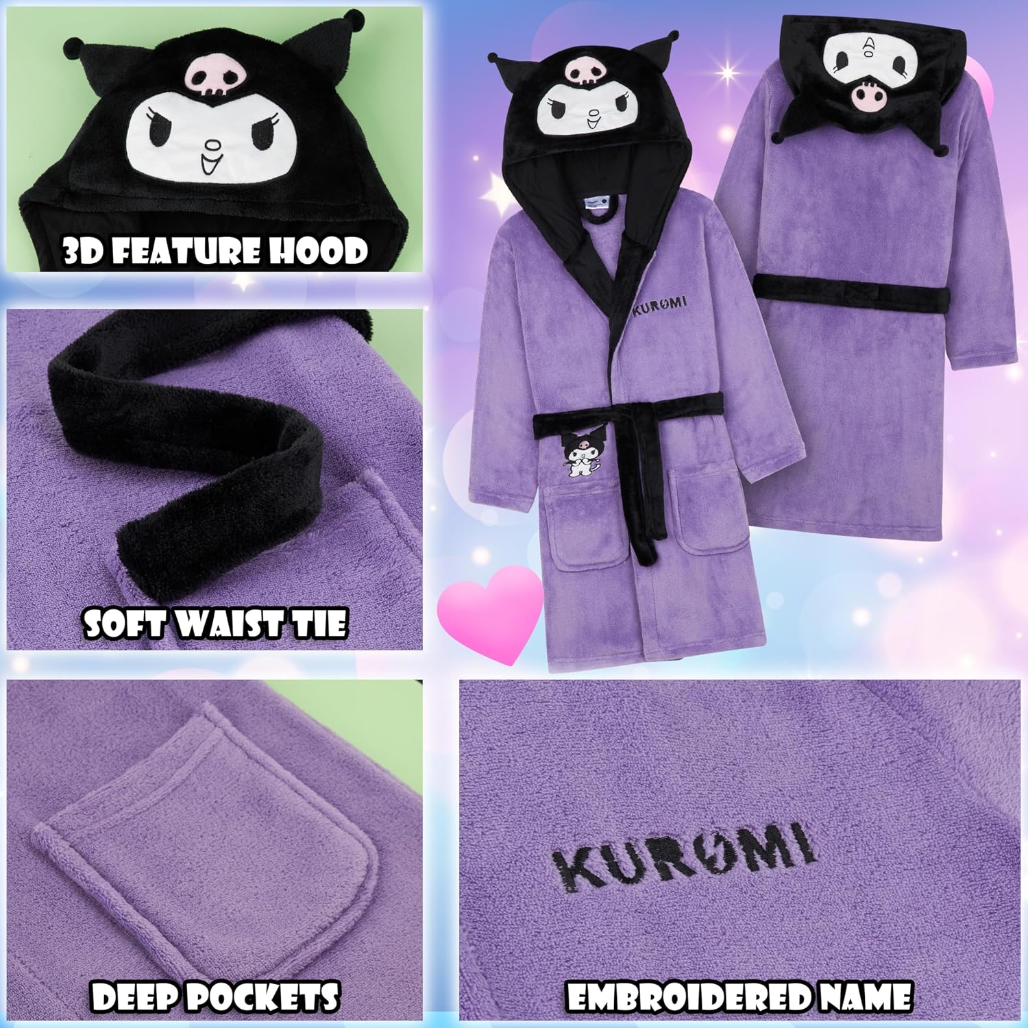 Hello Kitty Sanrio Robe for Girls, Teens, Fleece Hooded Bath Robe Cozy Loungewear Cinnamoroll Kuromi Kawaii Gifts For Girls