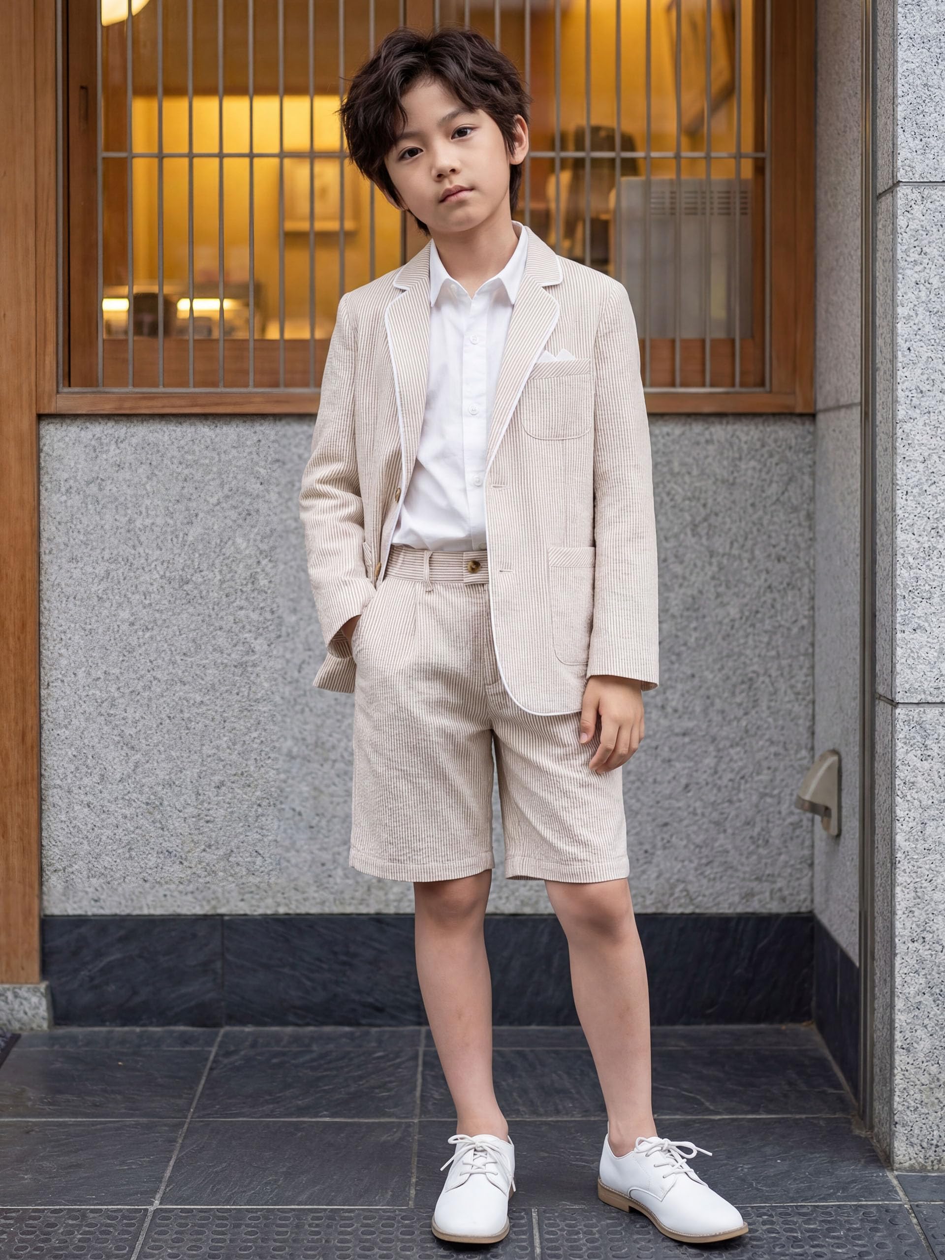 LOLANTA Blazer en Seersucker Respirant pour Enfants, Veste de Costume rayée élégante pour garçons, pour Occasions décontractées d’été, 5-13 Ans