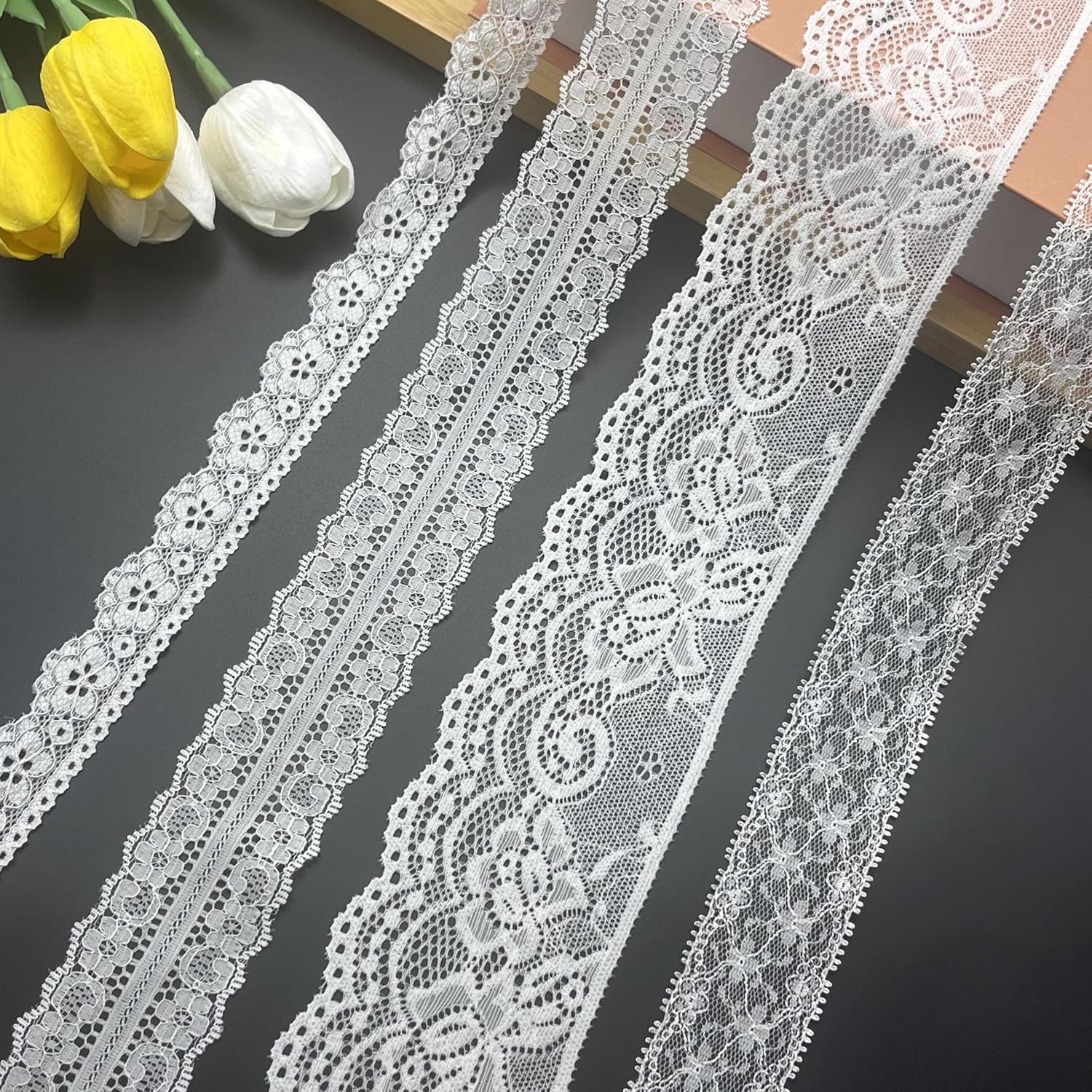 24 Yards White Embroidered Lace Trim Ribbon Set, Delicate Floral Lace for Wedding Dresses, DIY Crafts, Gift Wrapping, Veil Decoration (4 Styles)