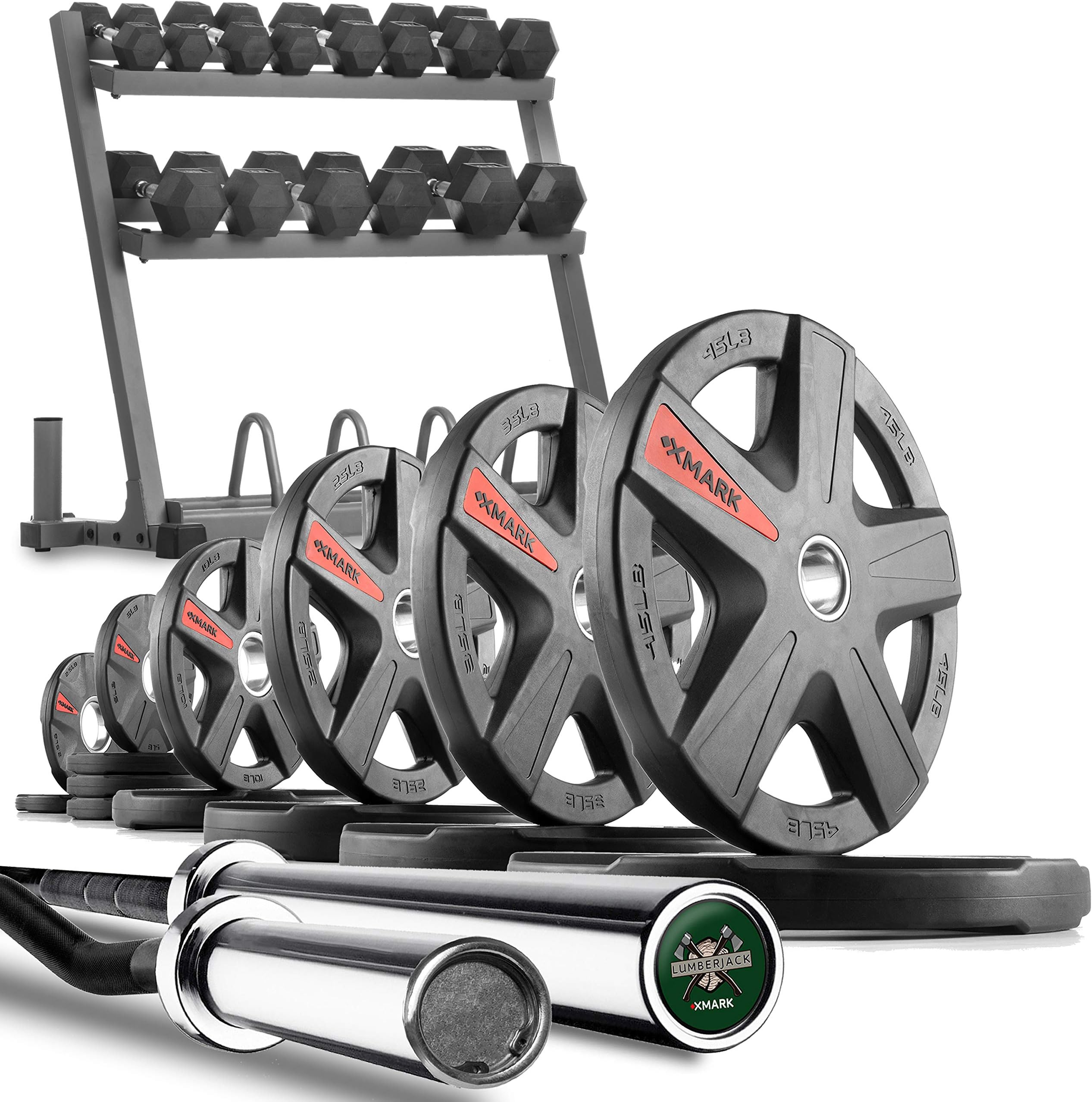 XMark Powerhouse II Includes Rack, 350 lbs. of Dumbbells, Curl Bar, Lumberjack 7’ Olympic Bar Plus Varying Sets of Texas Star Olympic Weight Plates