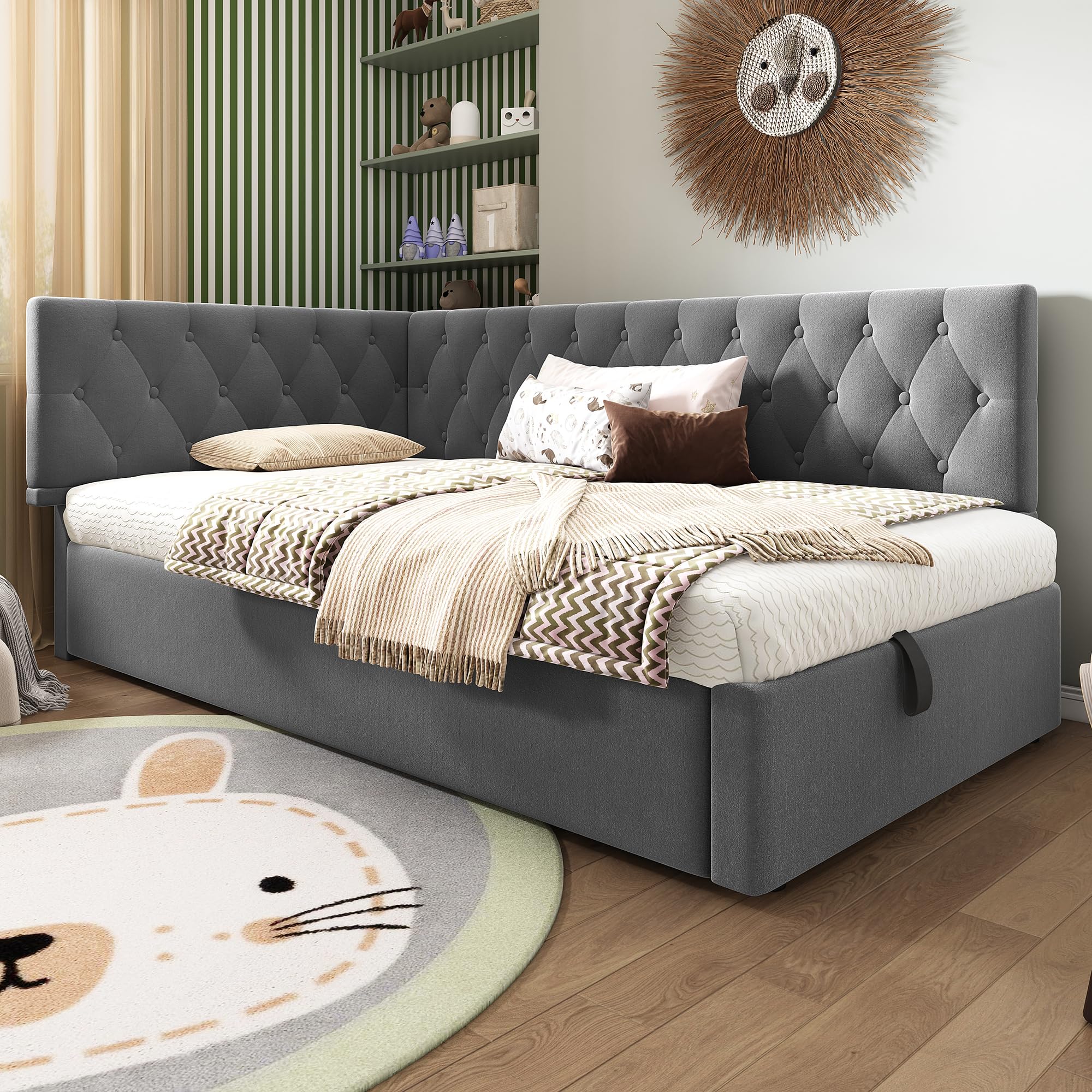 3ft Single Daybed with Hydraulic Storage, Functional Upholstered Ottoman Bed with Wooden Slats, Velvet Gas Lift Upholstered Storage Bed Sofa Beds Guest Beds for Living Room&Bedroom, No Mattress, Grey
