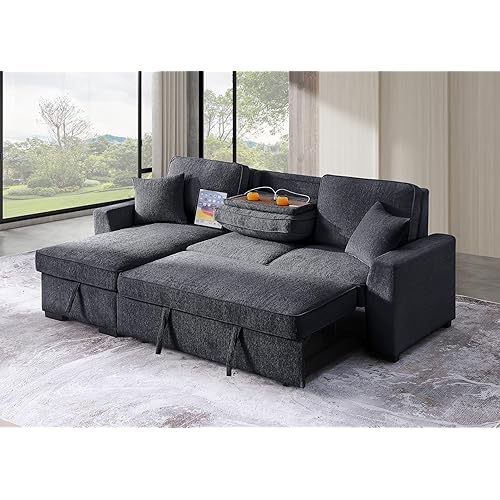91" Convertible Sleeper Sectional Sofa Bed with Reversible Storage Chaise Pull Out Couch for Living Room , 4 Seater L Shaped Corner Pullout Sofabed with Drop Down Backrest , Cup Holders ,USB Ports