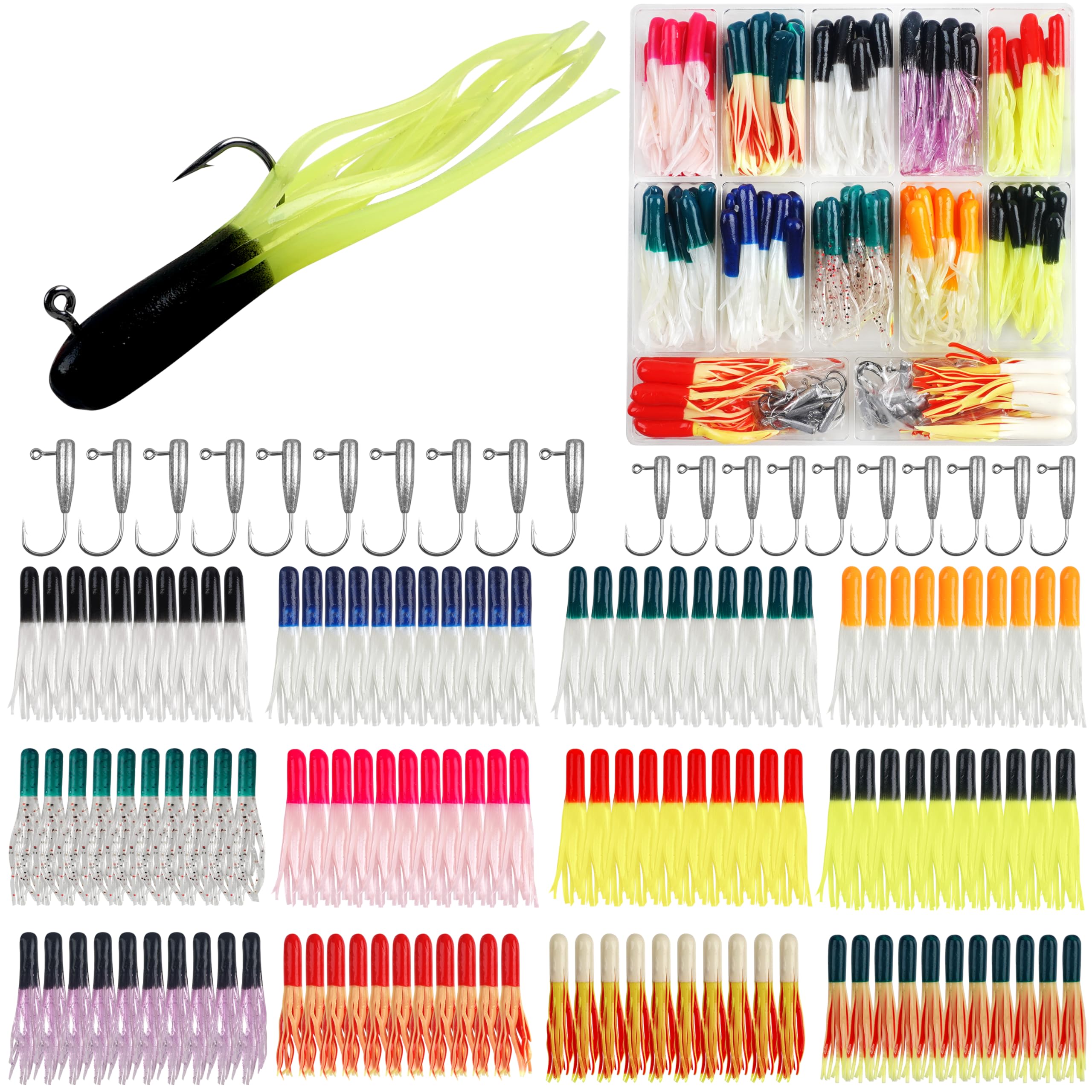 Grub Lures Fishing Jigs Head Hooks Kit, 140pcs Soft Plastic Crappie Jigs Tube Worm Lure Baits for Bass Trout Bluegill Panfish Saltwater Freshwater Fishing