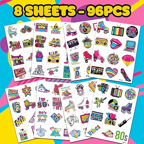 Miniatura 3 de 96 calcomanías precortadas de los años 80 para tatuajes temporales de patinaje de los años 80, decoraciones de fiesta de cumpleaños de los años 80,